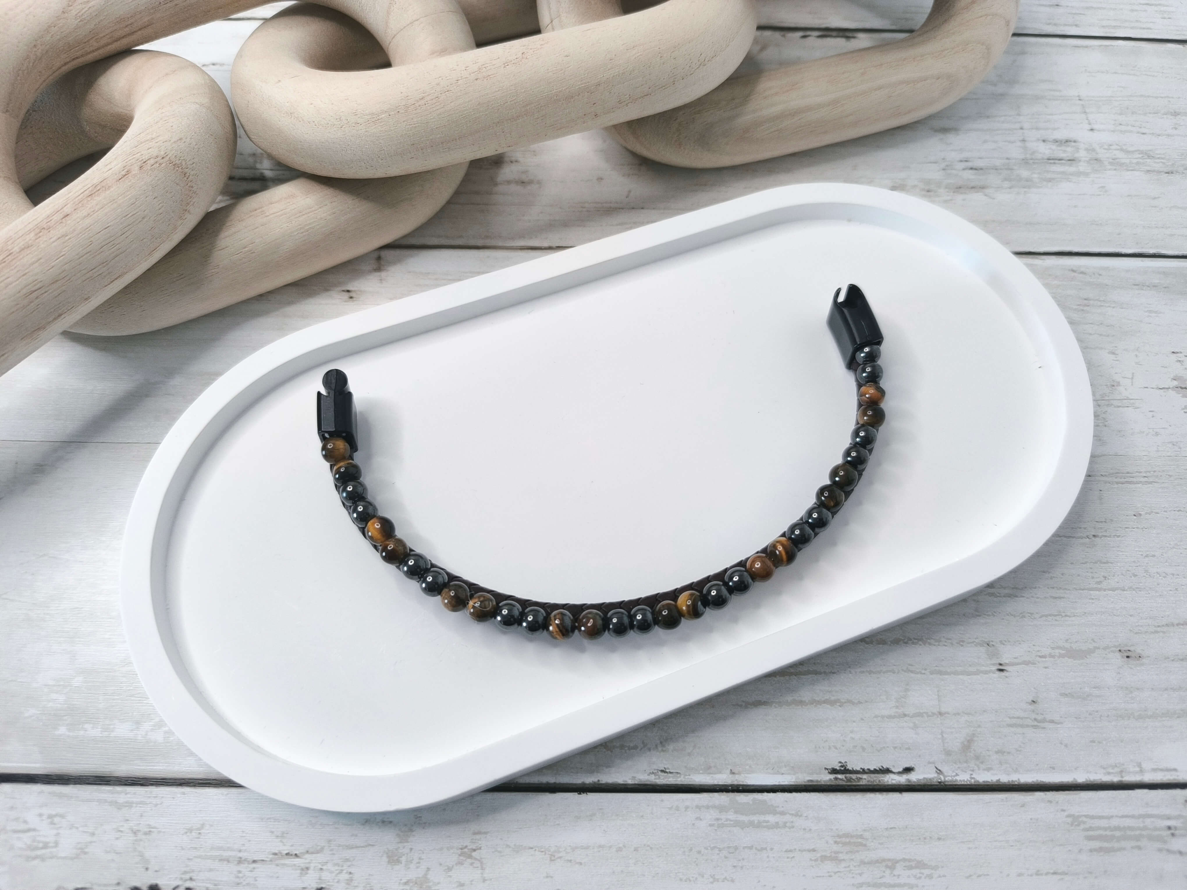 BRACELET HOMME - EN PIERRE NATURELLE - OEIL DE TIGRE - CORDE CAFE TRESSEE - 21 CM