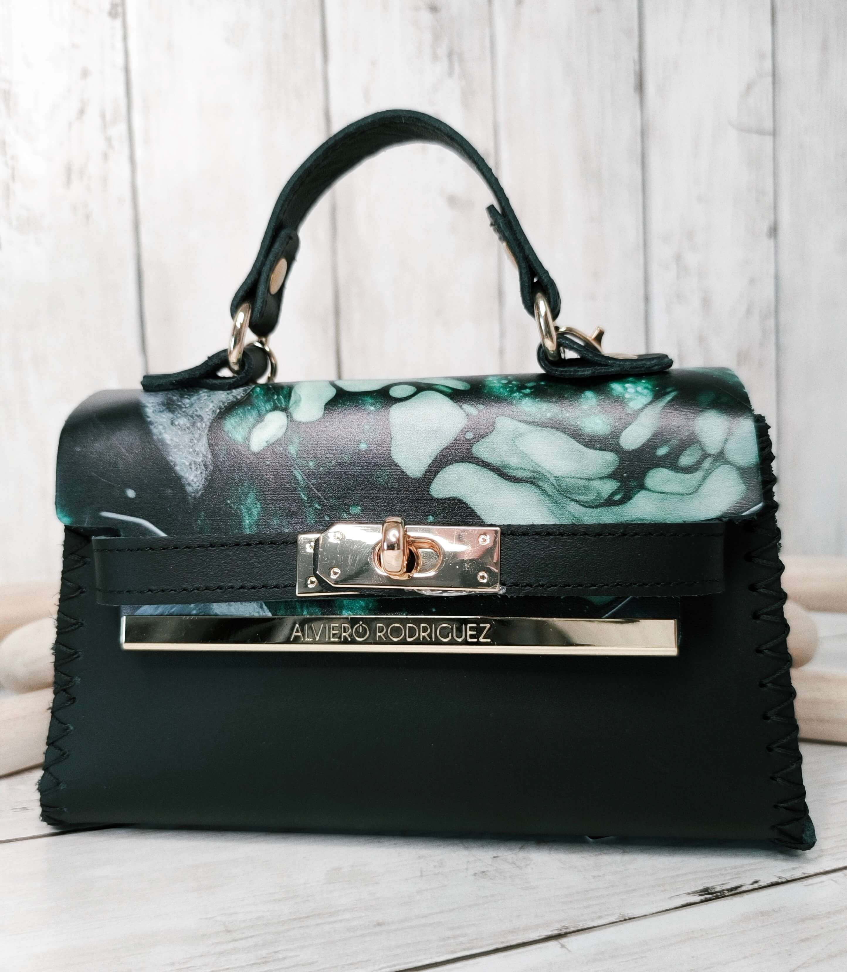 SAC CHANTAL GREEN MARMLE ALVIERO RODRIGUEZ - CUIR COUSU MAIN - MADE IN ITALY