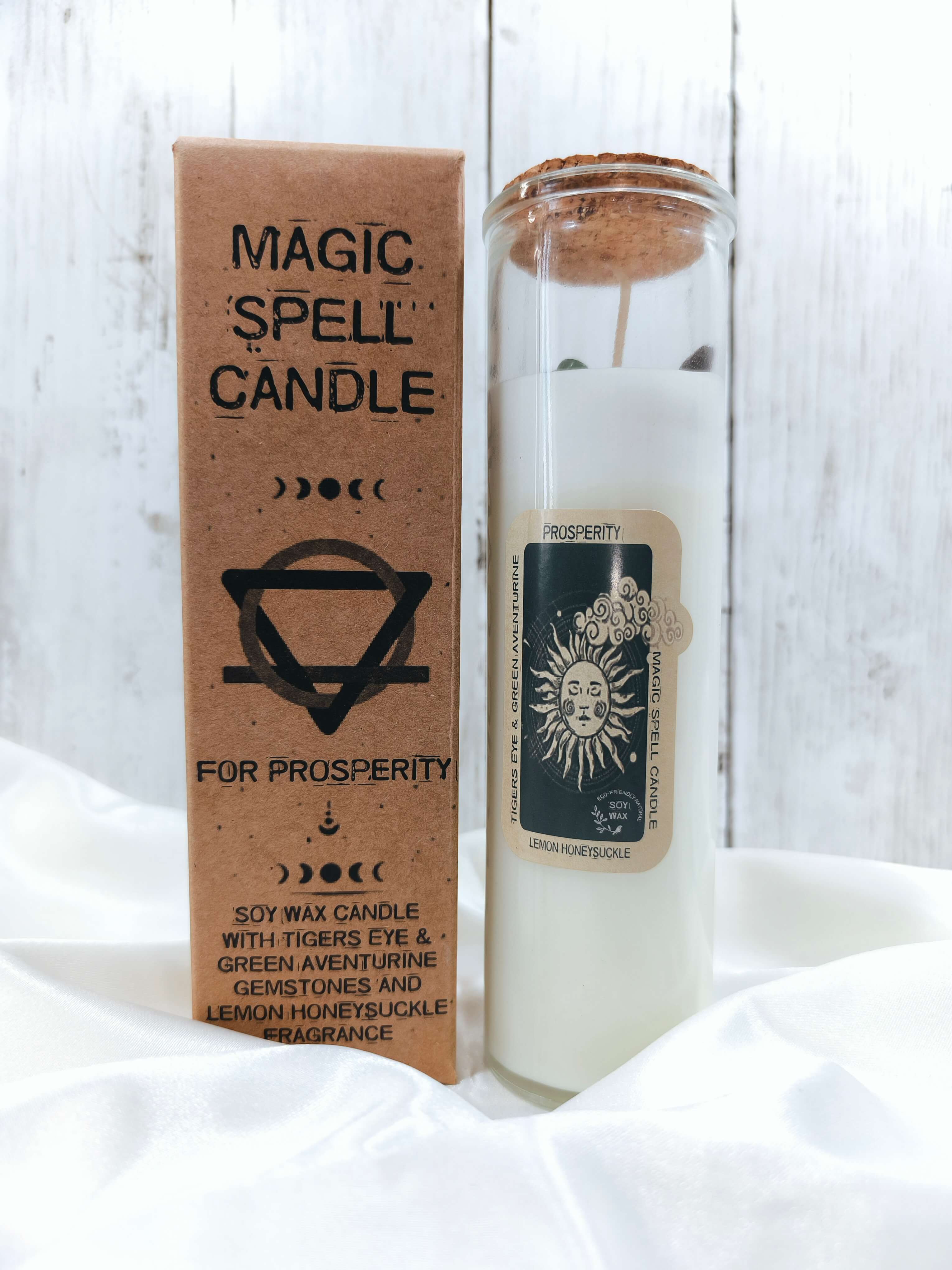 BOUGIE MAGIQUE DE PROSPERITE - CIRE DE SOJA, OEIL DE TIGRE & AVENTURINE VERTE 