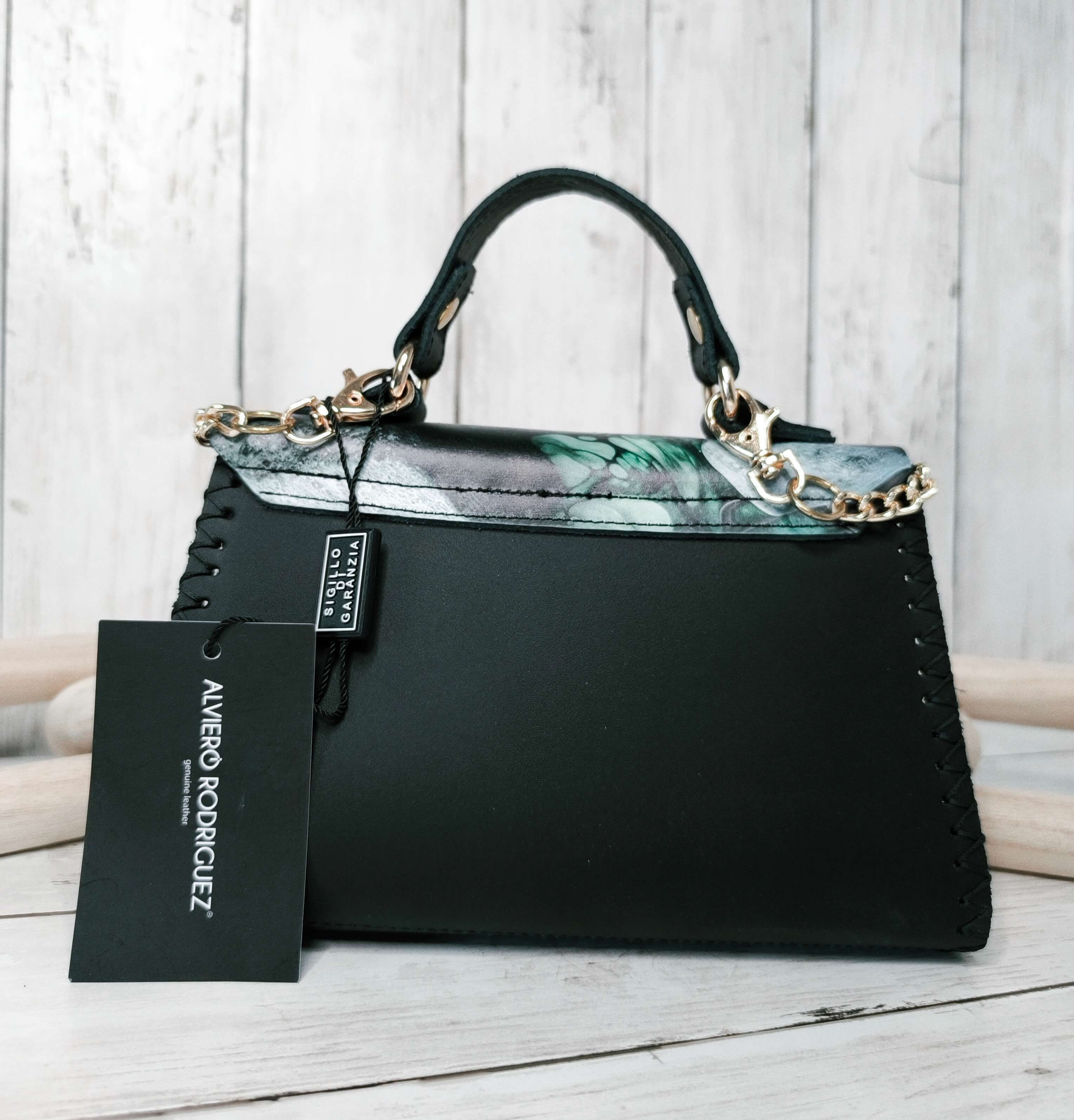 SAC CHANTAL GREEN MARMLE ALVIERO RODRIGUEZ - CUIR COUSU MAIN - MADE IN ITALY