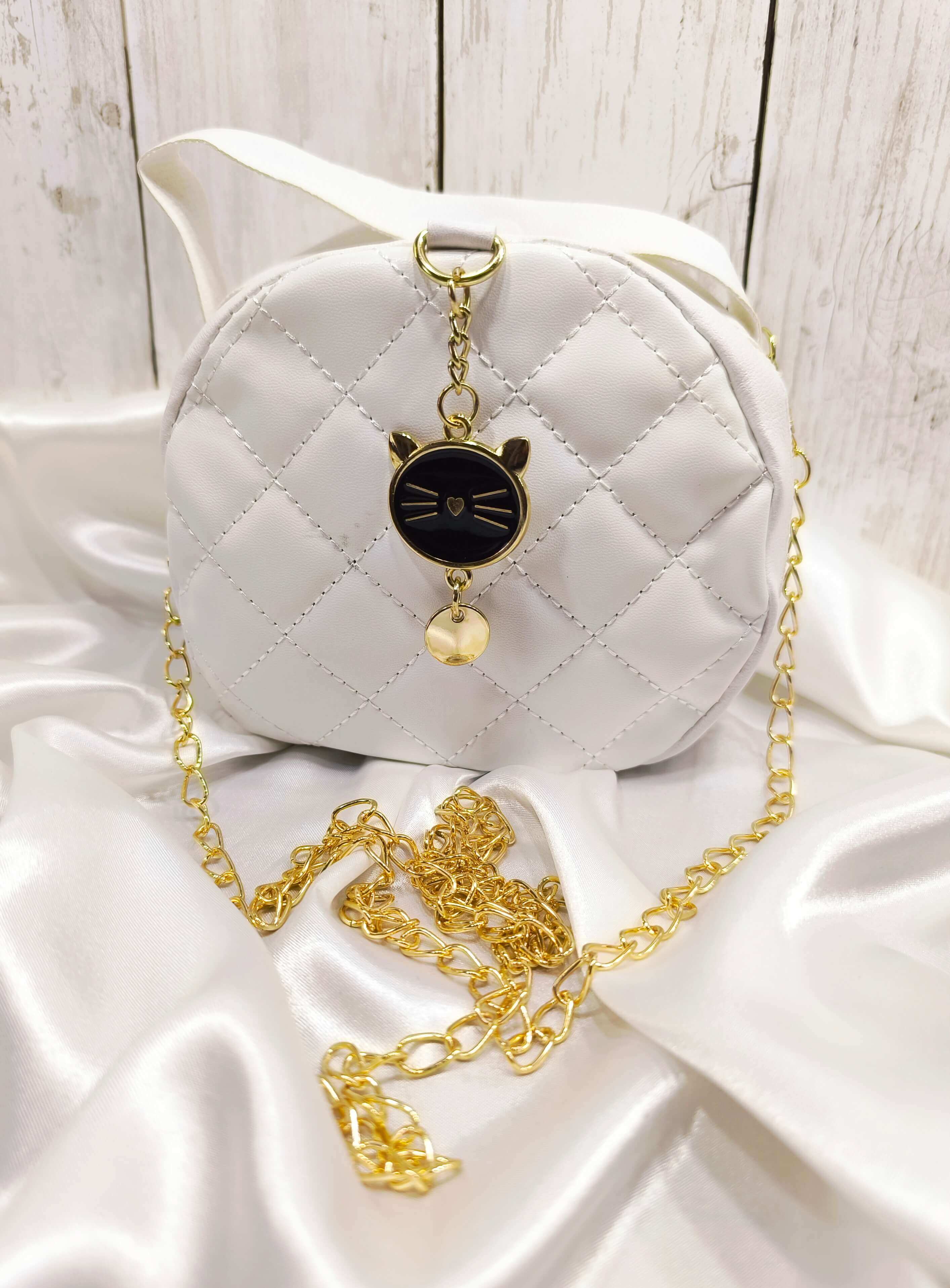 MINI SAC A MAIN BLANC AVEC PORTE CLES CHAT - CHIC & MIGNON