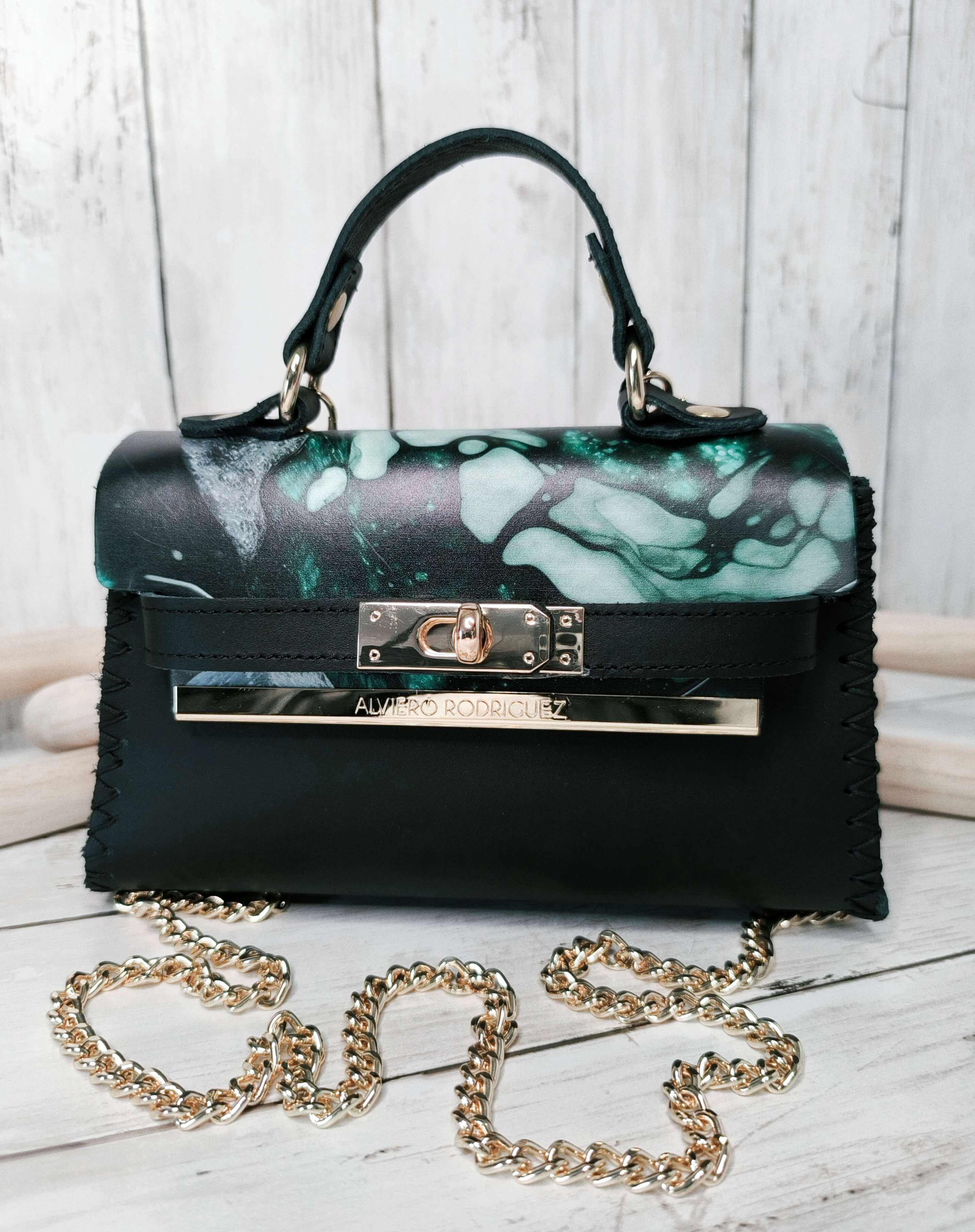 SAC CHANTAL GREEN MARMLE ALVIERO RODRIGUEZ - CUIR COUSU MAIN - MADE IN ITALY