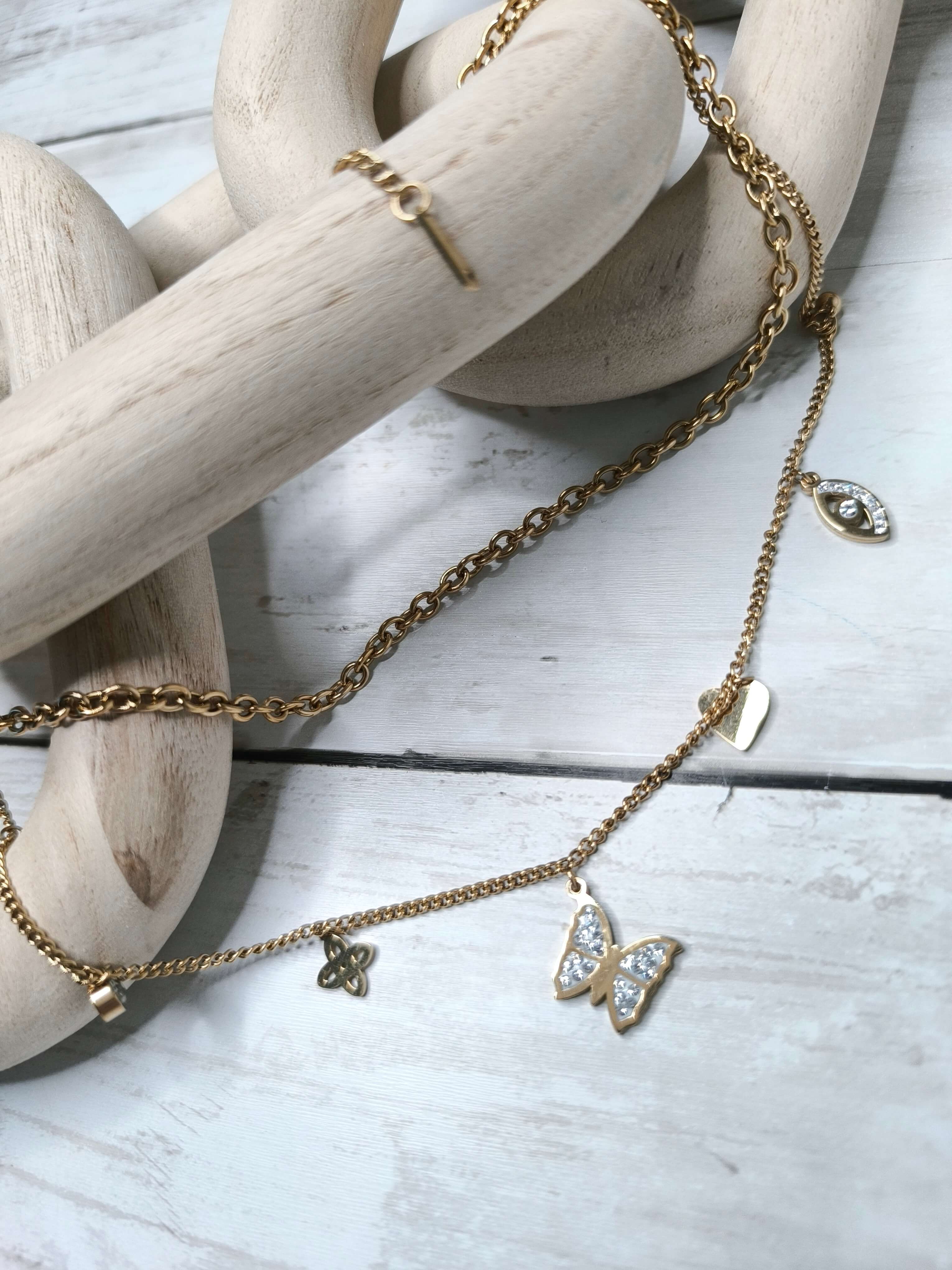 COLLIER FEMME - DEUX NIVEAUX - ACIER INOXYDABLE 304 - PAPILLON & SYMBOLES