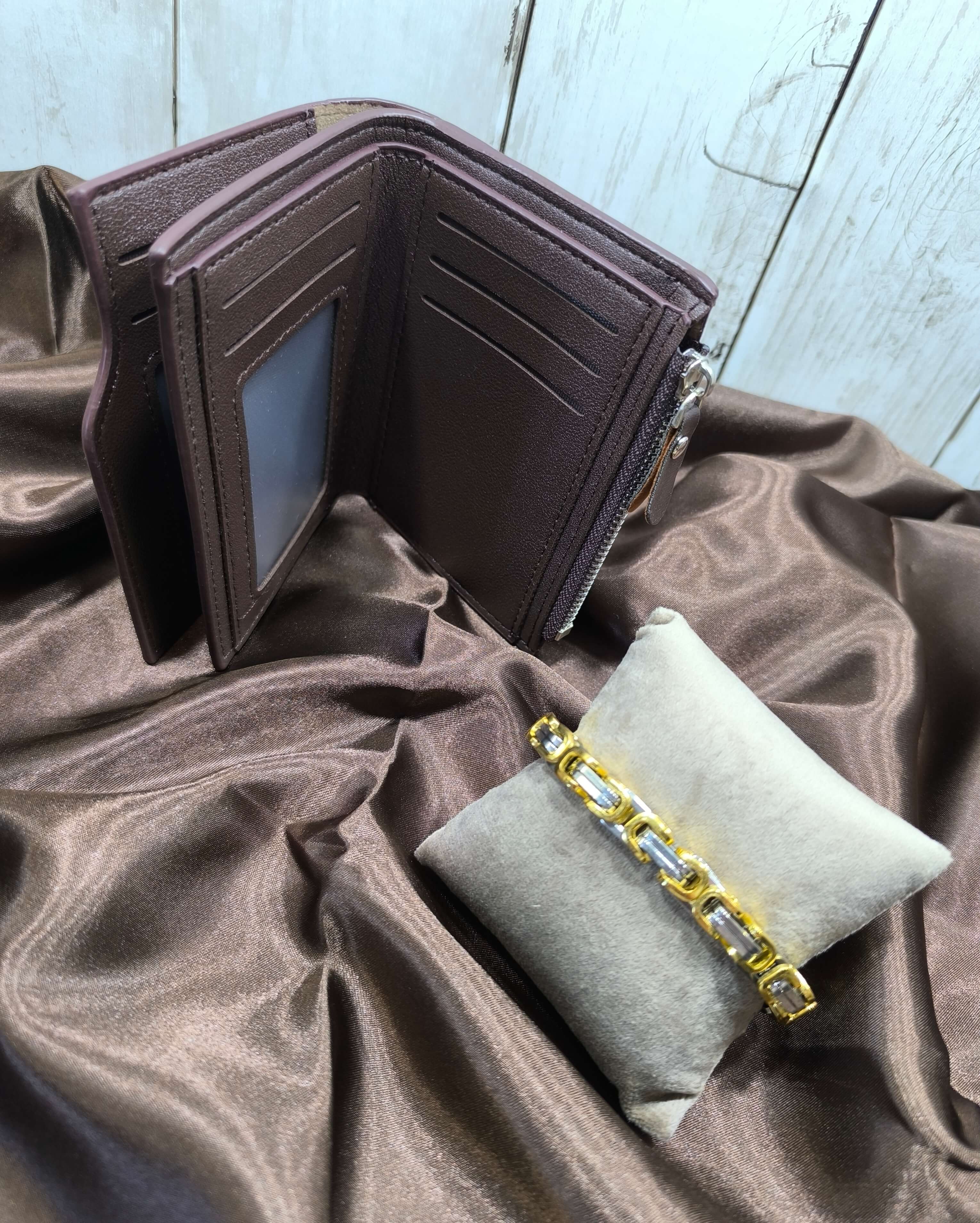 COFFRET CADEAU HOMME - PORTEFEUILLE MARRON & GOURMETTE ACIER INOXYDABLE