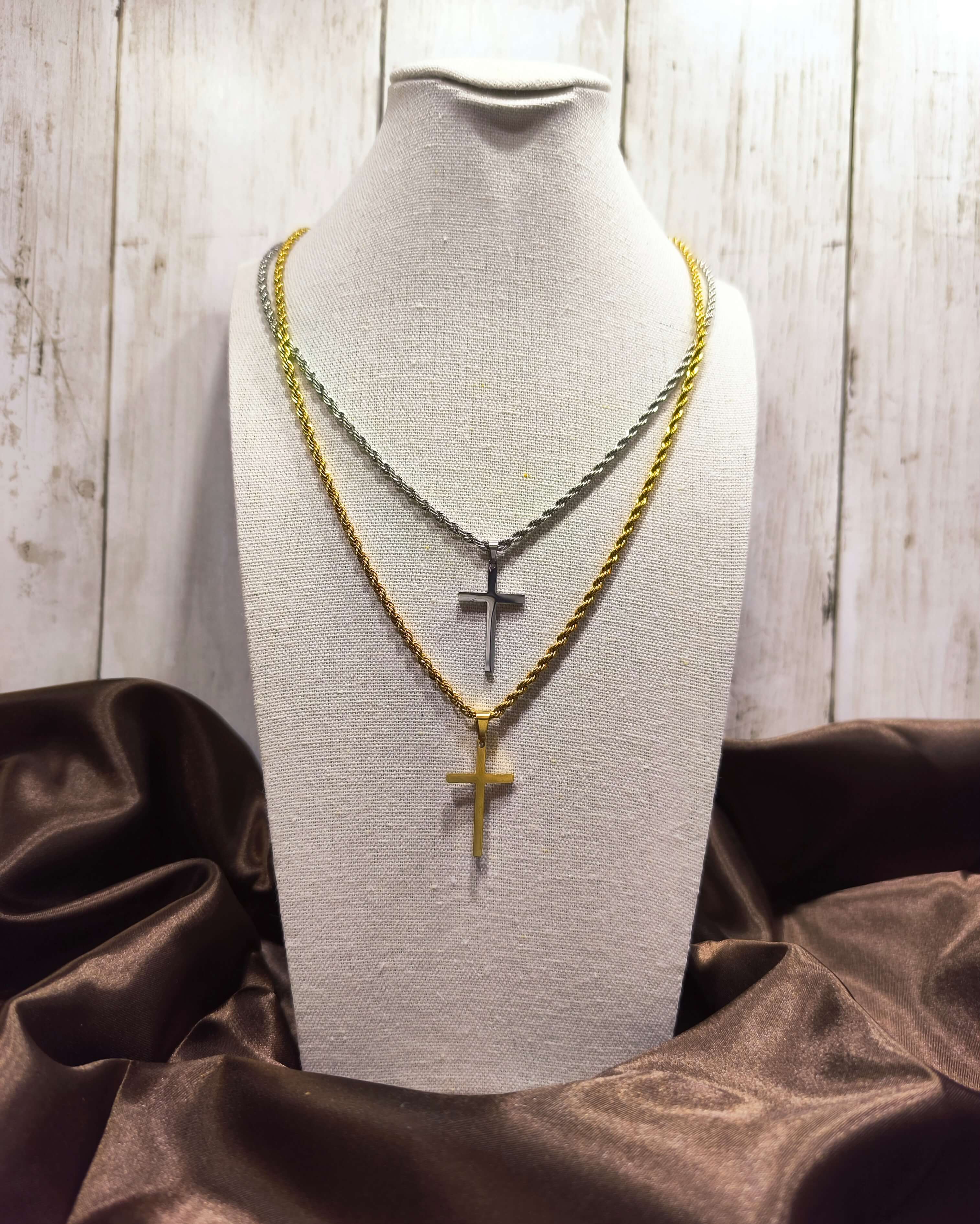 COLLIER HOMME CROIX - ACIER INOXYDABLE PLAQUE OR 18K OU ARGENTE