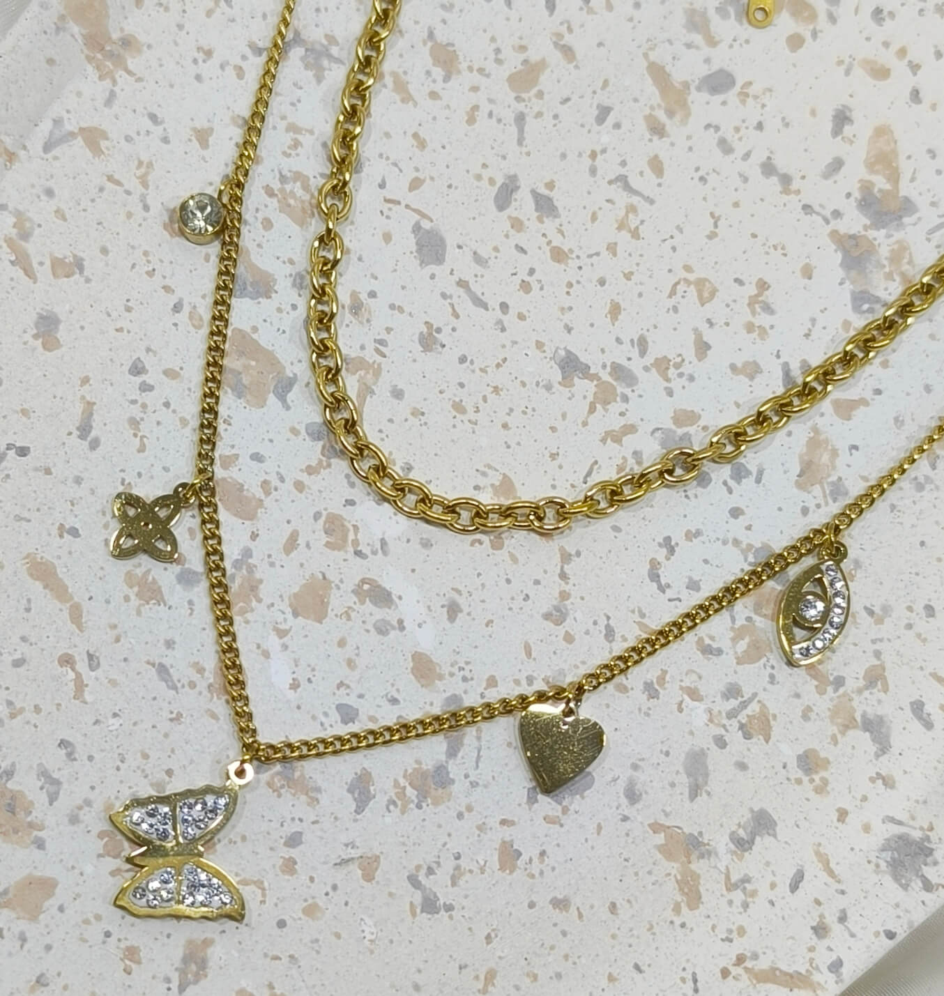 COLLIER FEMME - DEUX NIVEAUX - ACIER INOXYDABLE 304 - PAPILLON & SYMBOLES
