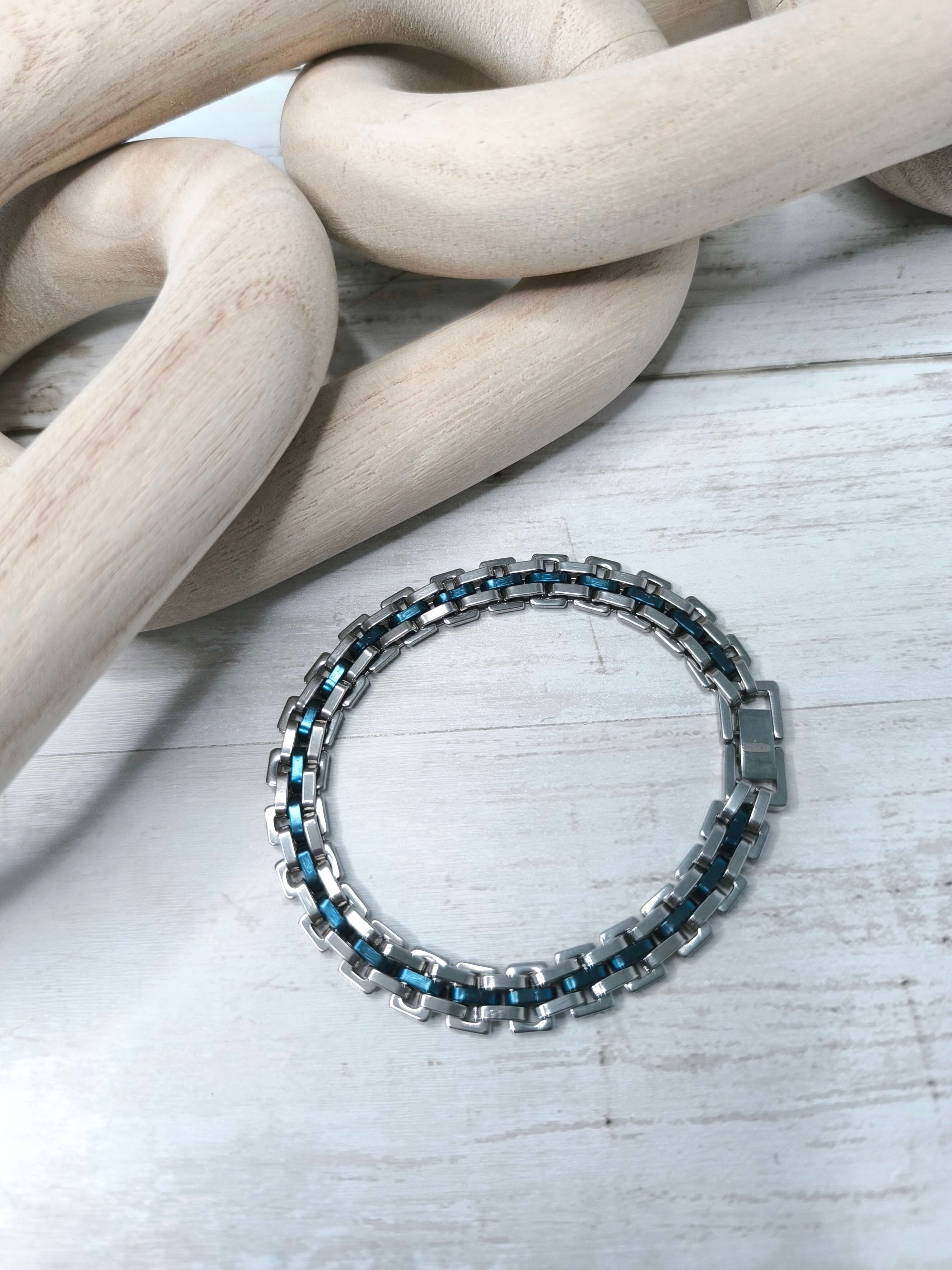 GOURMETTE HOMME - EN ACIER INOXYDABLE - ARGENT & BLEU - 21 CM