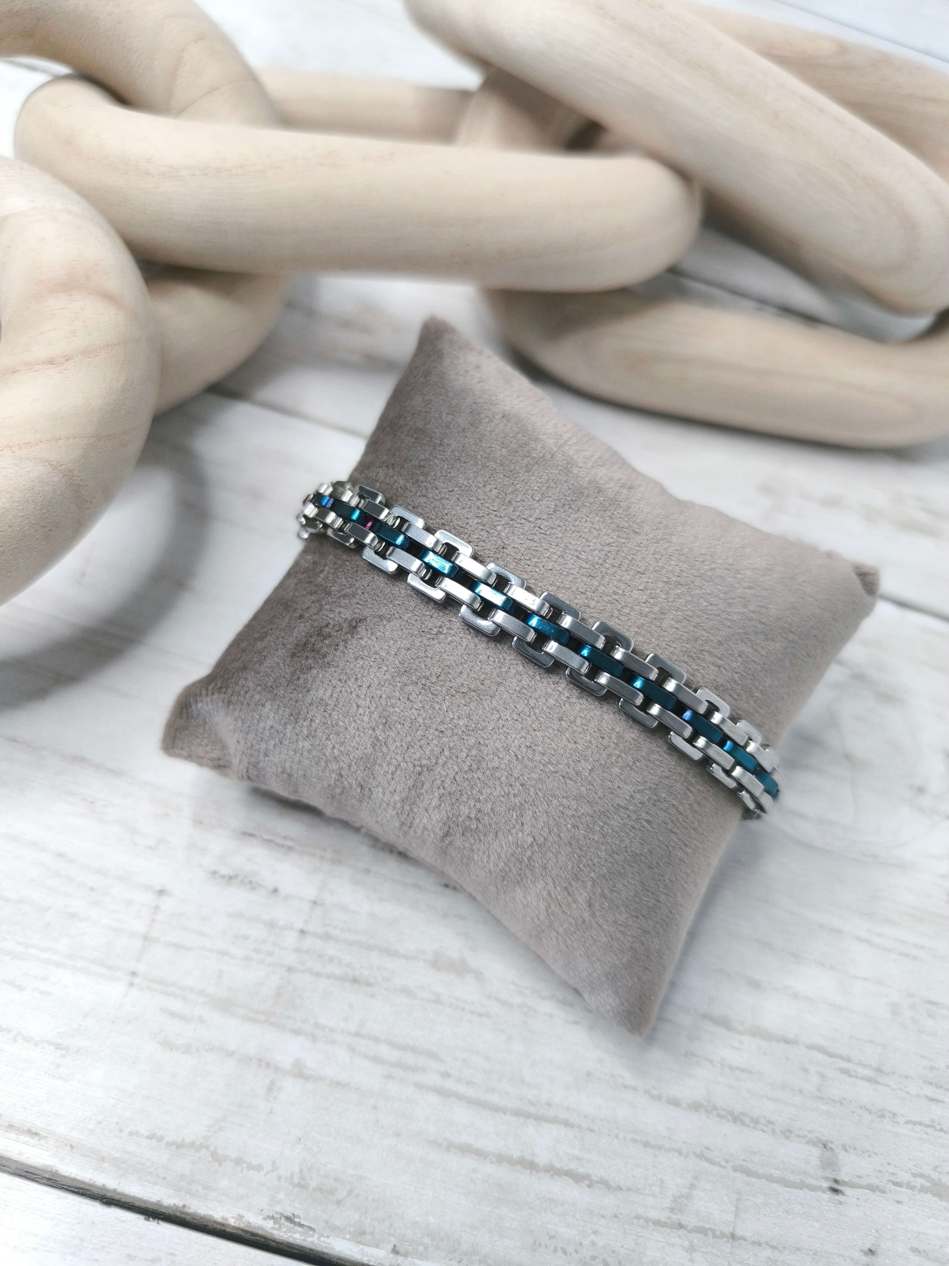 GOURMETTE HOMME - EN ACIER INOXYDABLE - ARGENT & BLEU - 21 CM