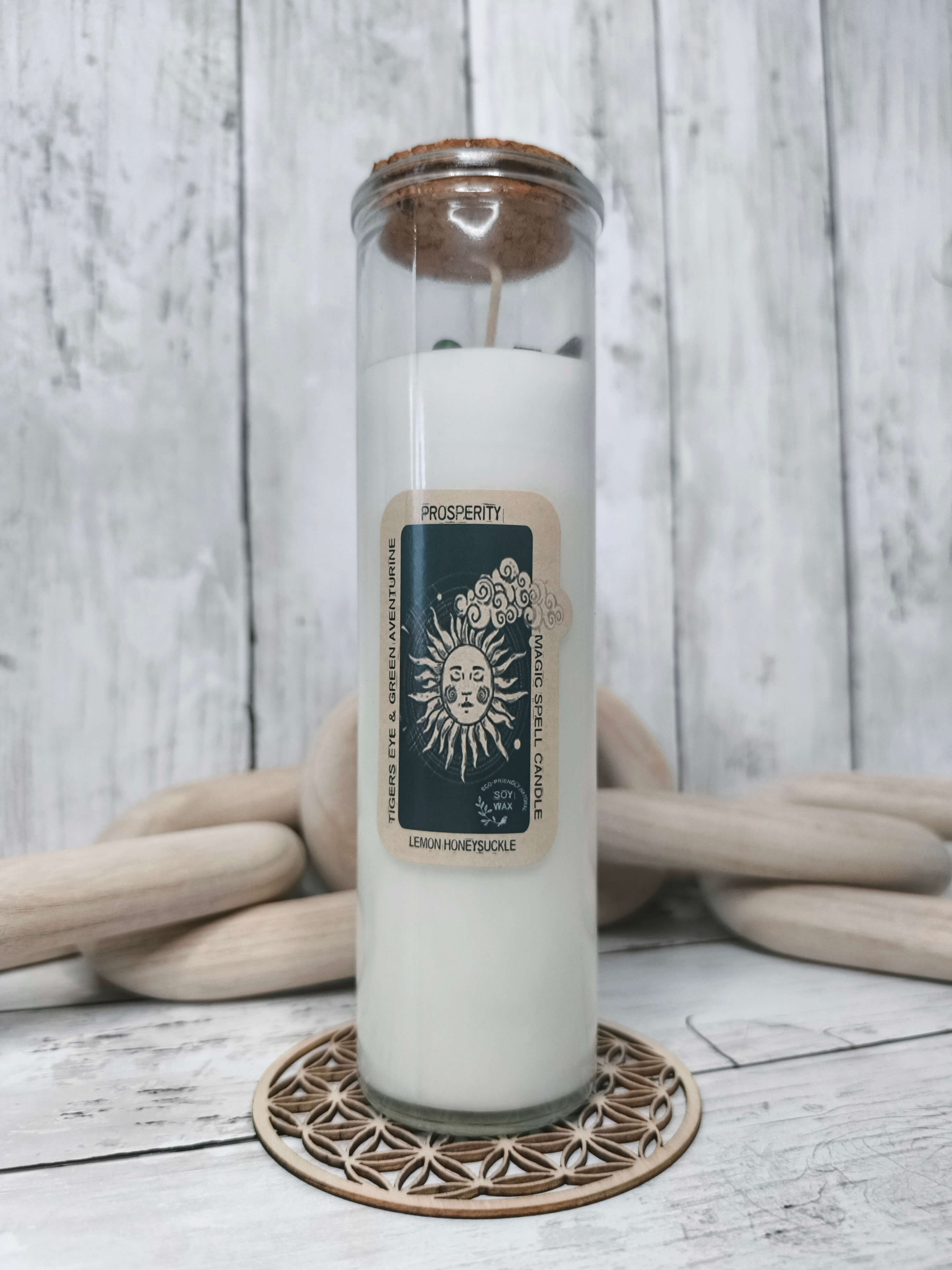 BOUGIE MAGIQUE DE PROSPERITE - CIRE DE SOJA, OEIL DE TIGRE & AVENTURINE VERTE 