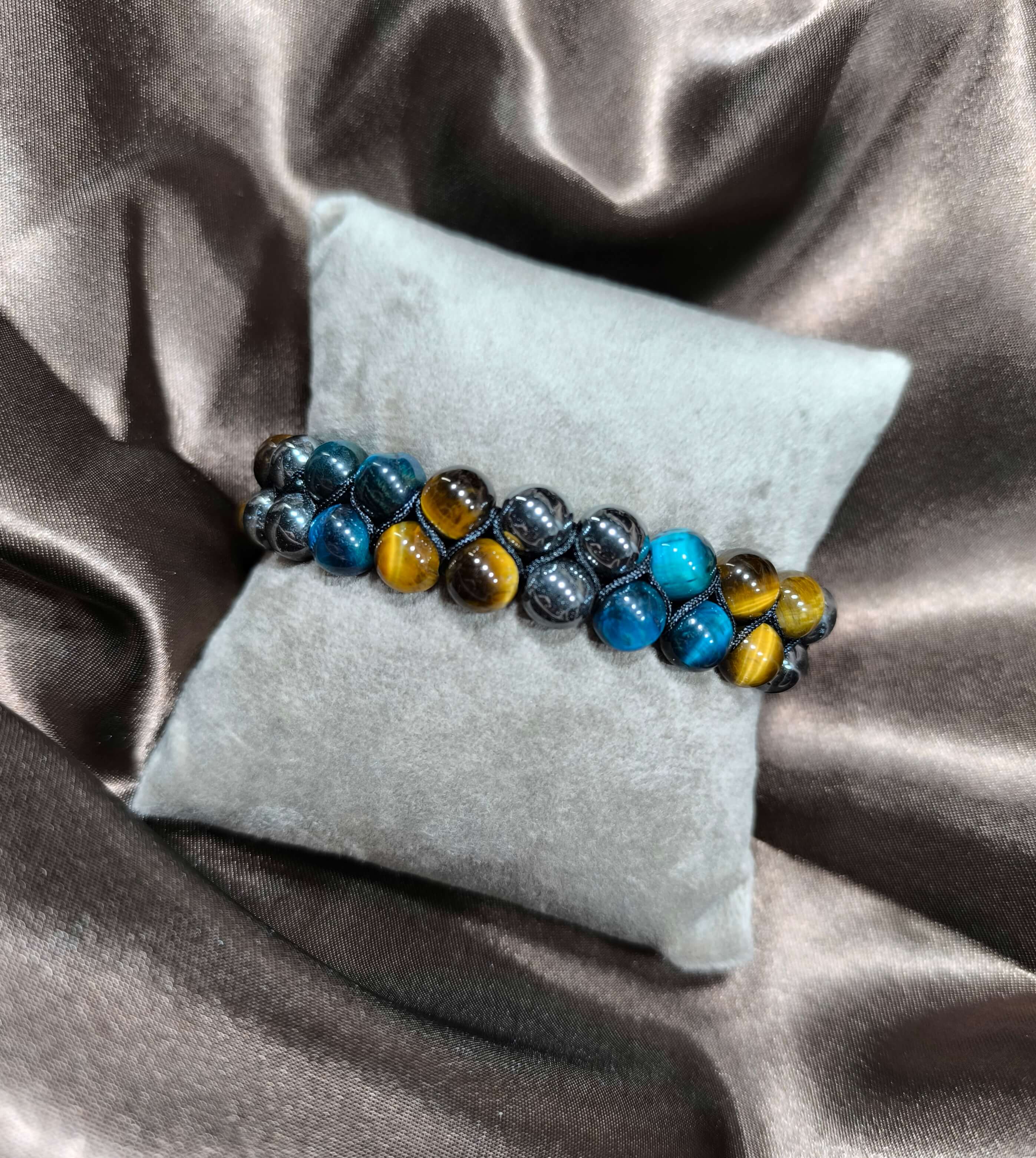 BRACELET HOMME EN PIERRES NATURELLES - OEIL DE TIGRE, HEMATITE & PIERRE BLEUE