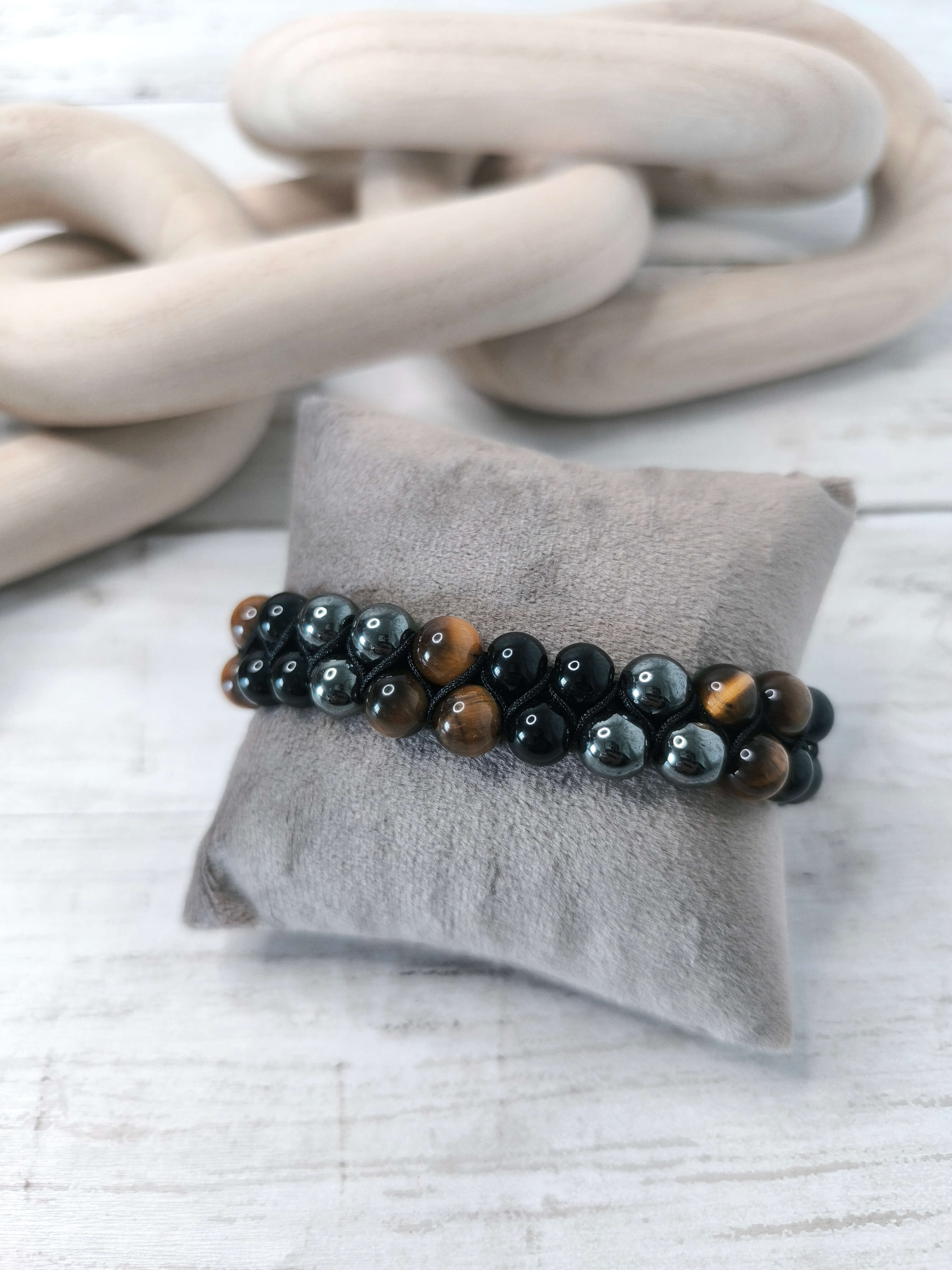 BRACELET HOMME - PIERRE NATURELLE - OEIL DE TIGRE & HEMATITE - PROTECTION & ENERGIE