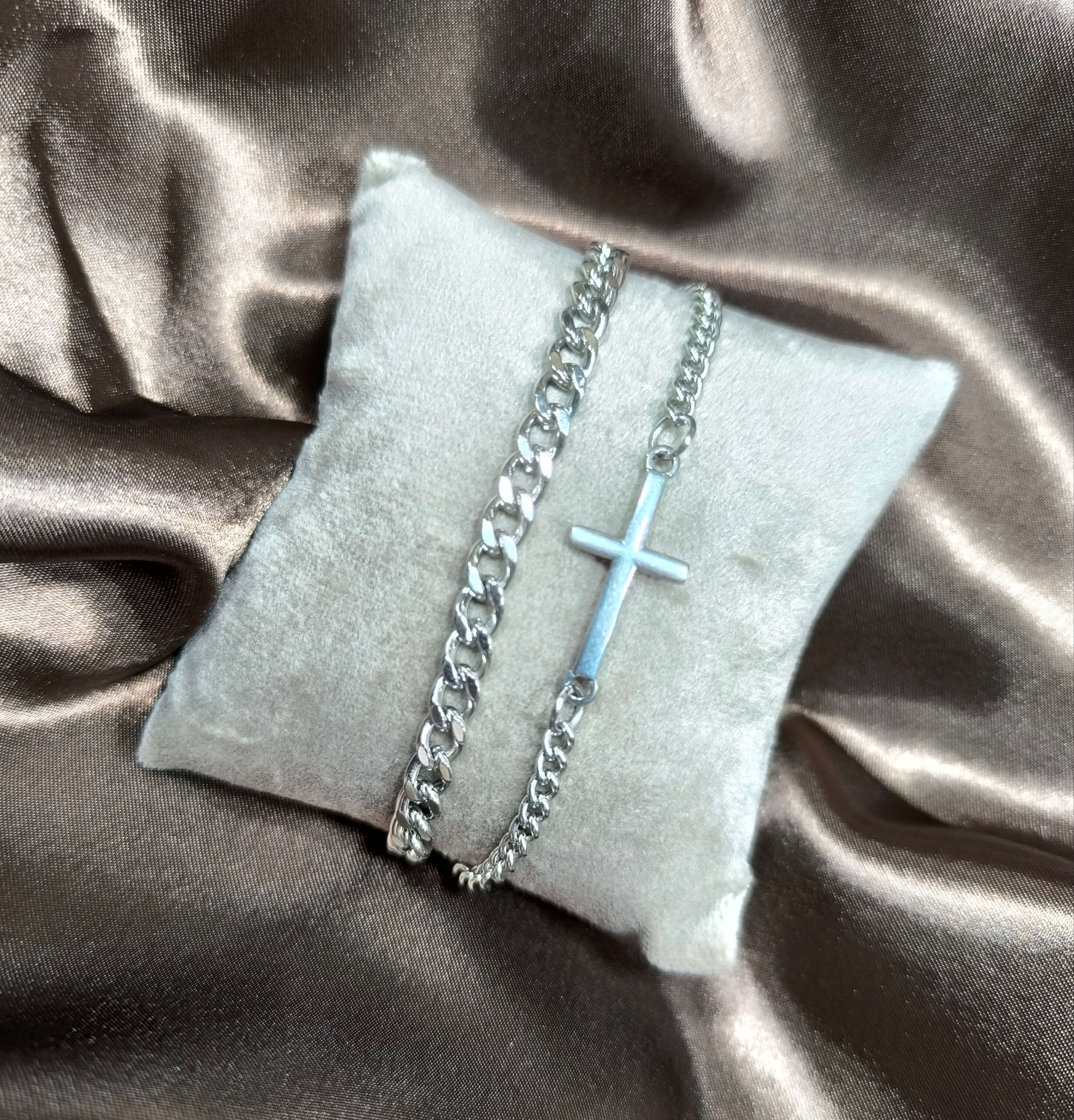 BRACELET HOMME DOUBLE - ARGENTE - CROIX EN ACIER AU TITANE & INOXYDABLE
