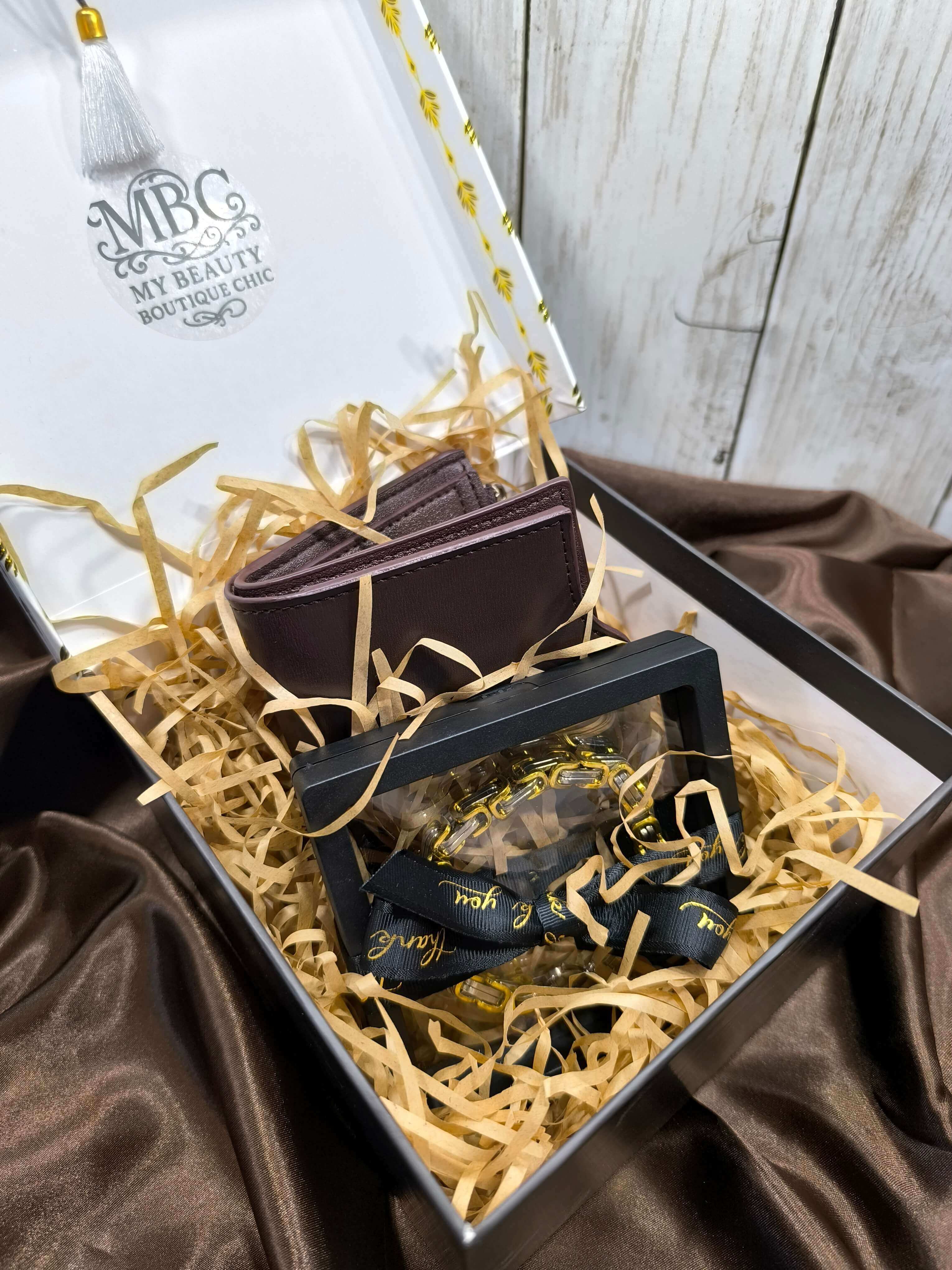COFFRET CADEAU HOMME - PORTEFEUILLE MARRON & GOURMETTE ACIER INOXYDABLE