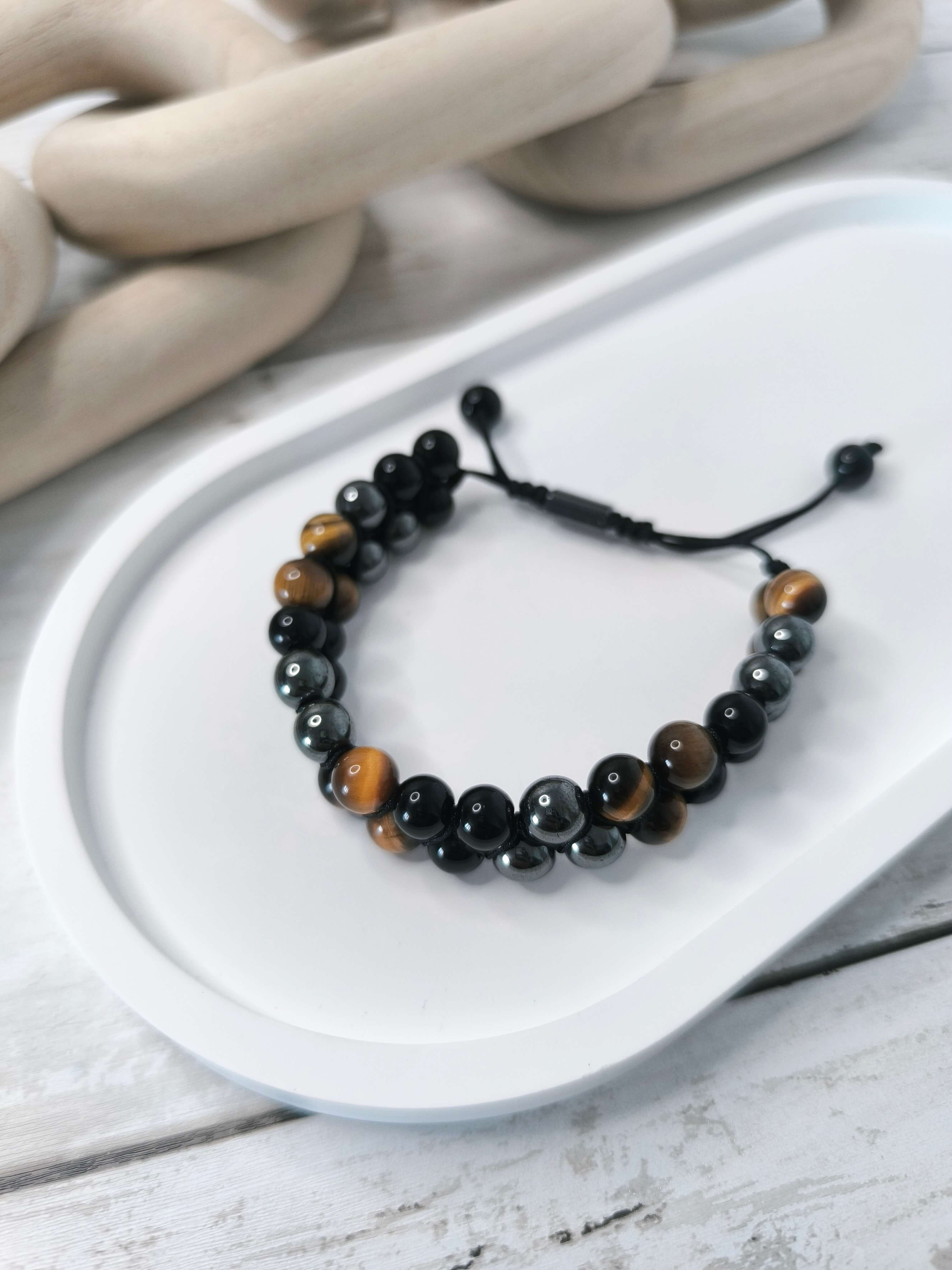 BRACELET HOMME - PIERRE NATURELLE - OEIL DE TIGRE & HEMATITE - PROTECTION & ENERGIE