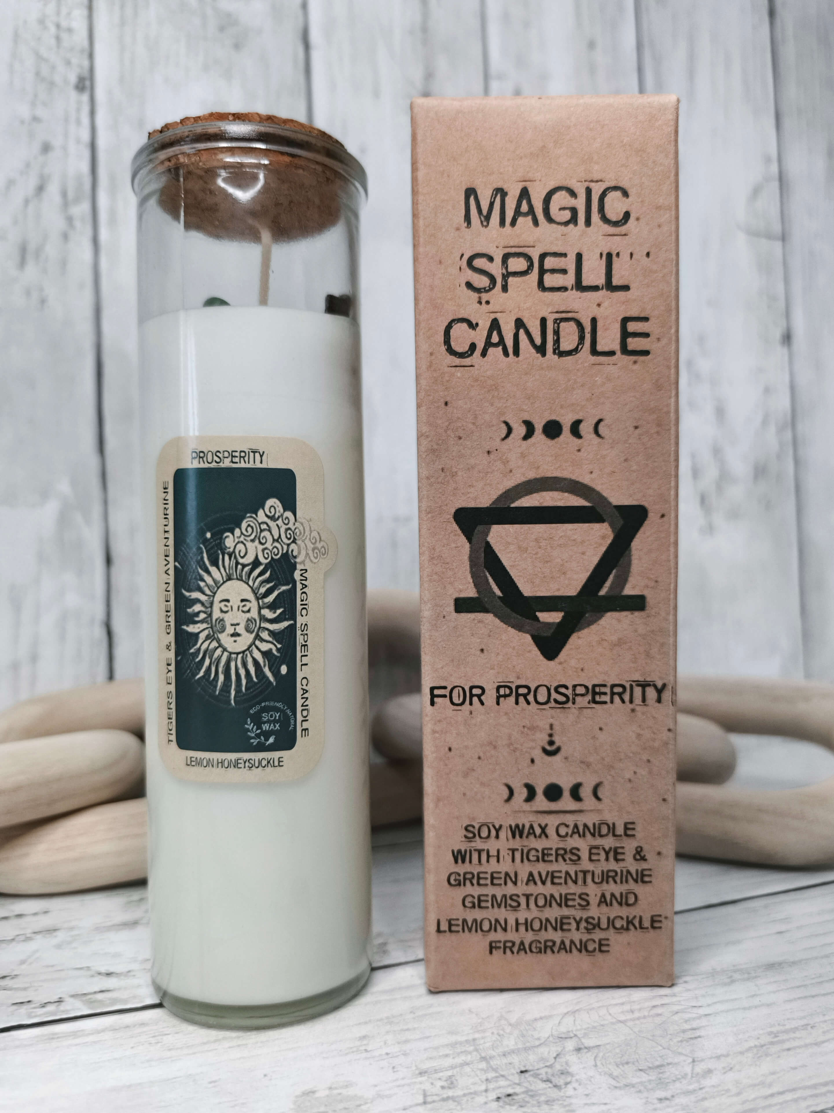 BOUGIE MAGIQUE DE PROSPERITE - CIRE DE SOJA, OEIL DE TIGRE & AVENTURINE VERTE