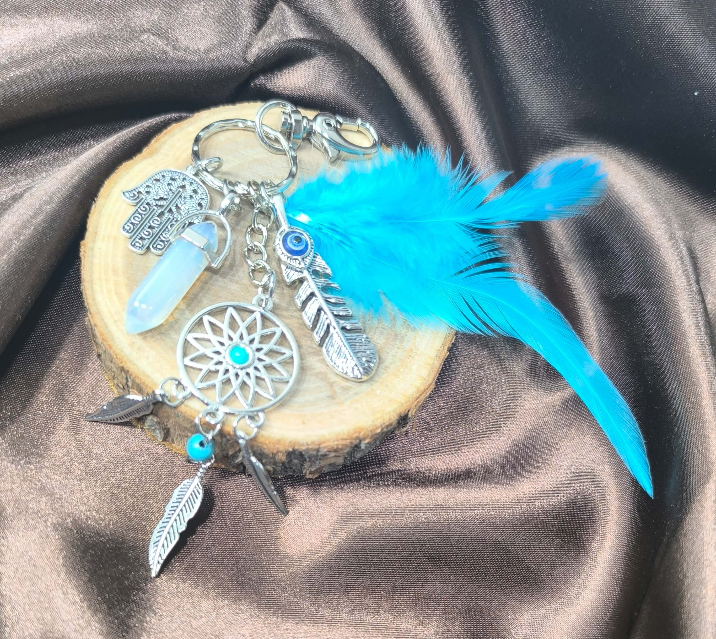 PORTE CLES BOHEME & SPIRITUEL - PLUMES BLEUES - ATTRAPE REVES & PIERRE NATURELLE