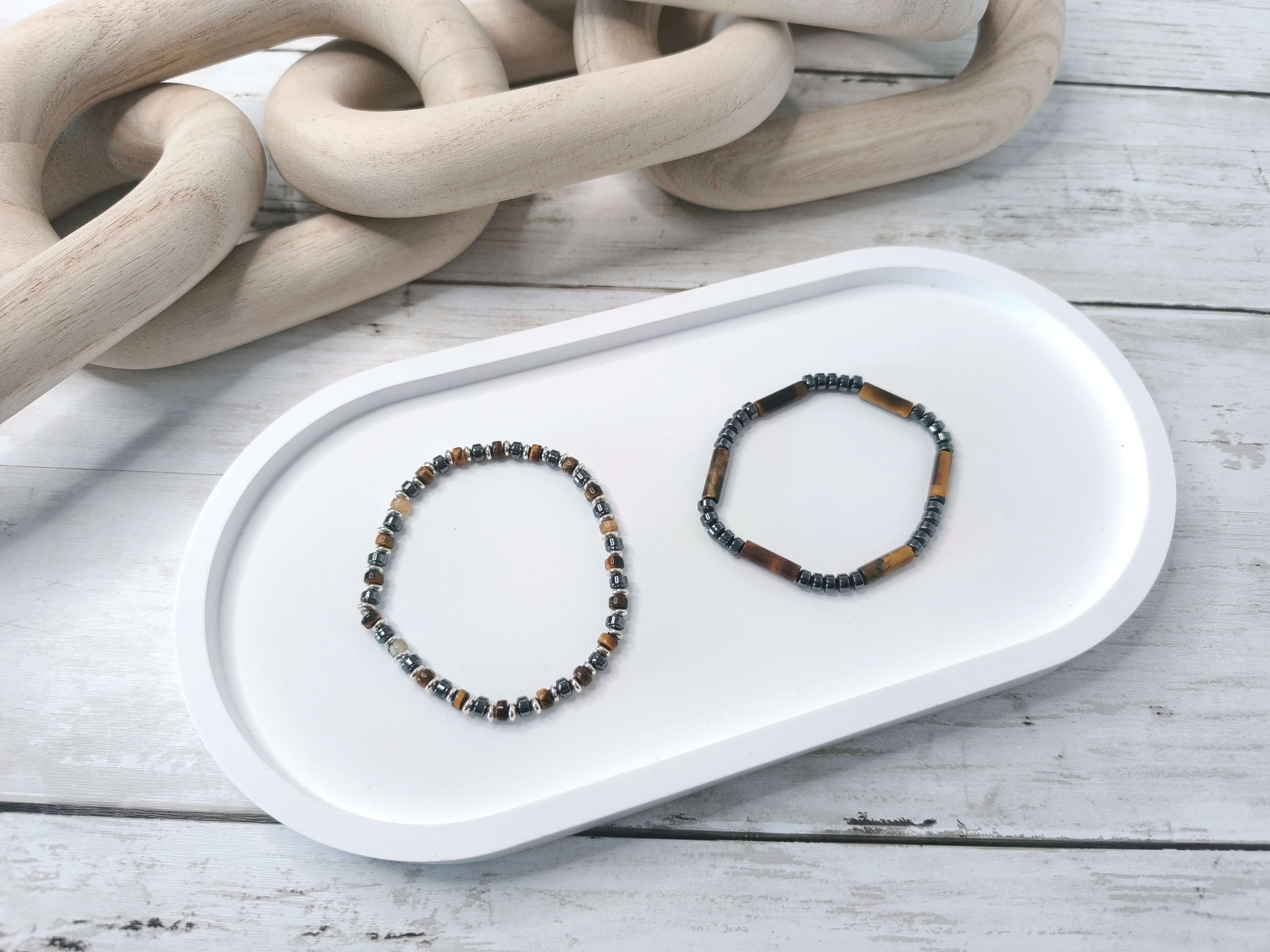 BRACELET HOMME - RETRO - PIERRES NATURELLES - OEIL DE TIGRE & OBSIDIENNE - ENSEMBLE DE 2 BRACELETS