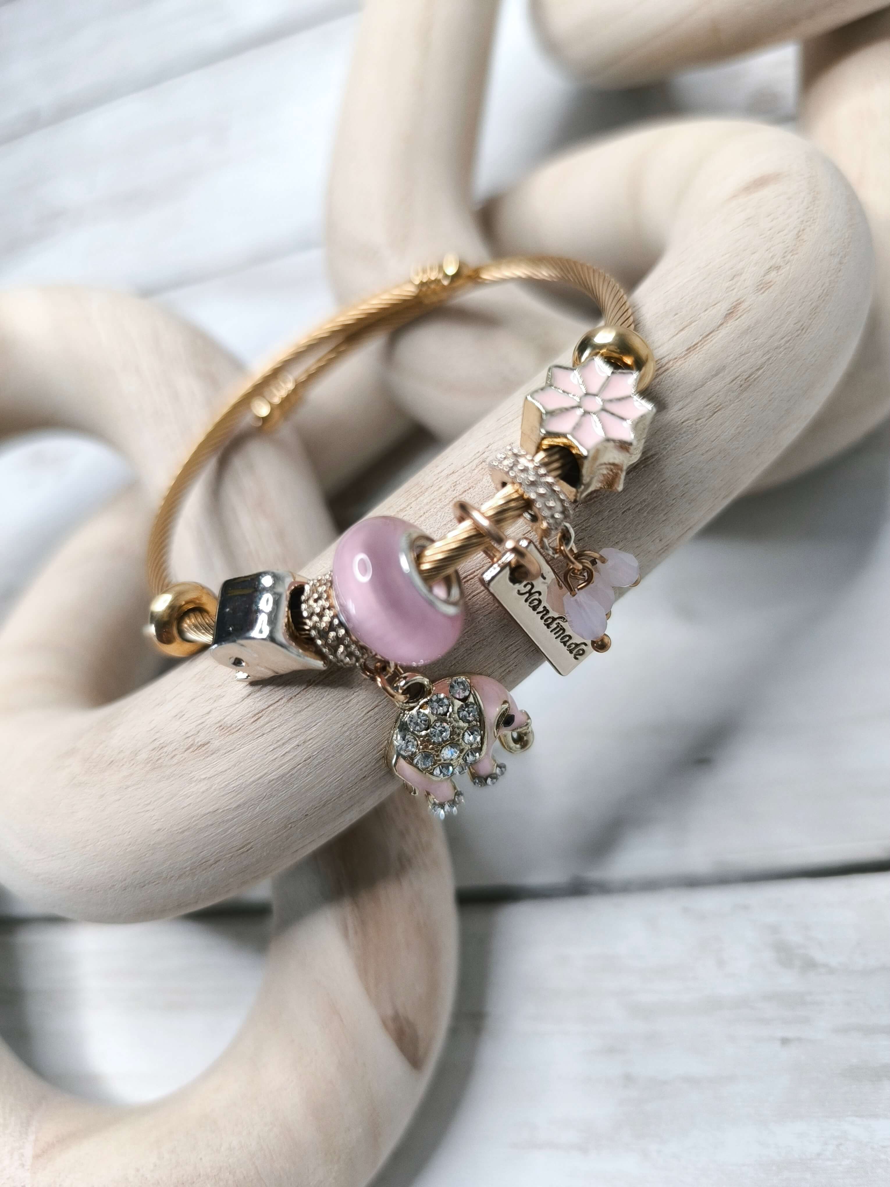 BRACELET FEMME - BRELOQUE - EN ACIER INOXYDABLE - PENDENTIF ELEPHANT & CHARMS DECORATIFS