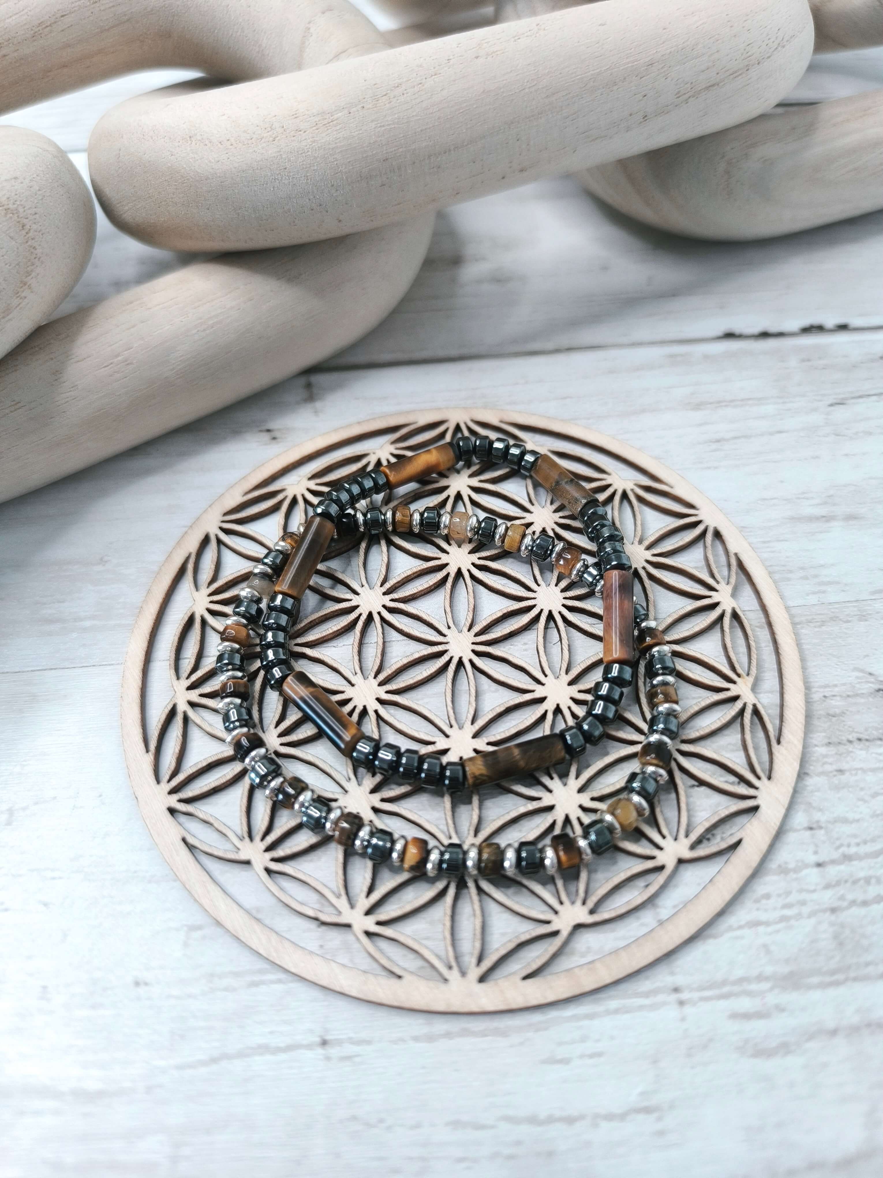 BRACELET HOMME - RETRO - PIERRES NATURELLES - OEIL DE TIGRE & OBSIDIENNE - ENSEMBLE DE 2 BRACELETS