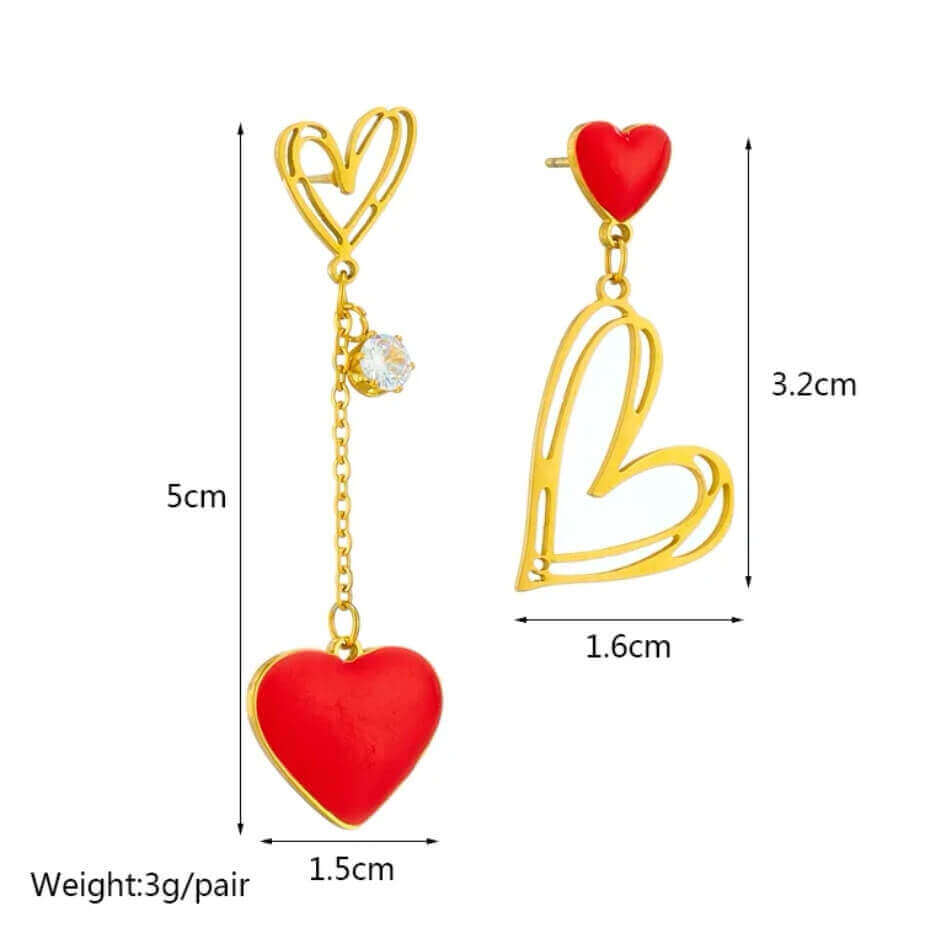 BOUCLES D'OREILLES FEMME - EN ACIER INOXYDABLE 304 - PENDANTES ASYMETRIQUES AU COEURS DORE & ROUGE 