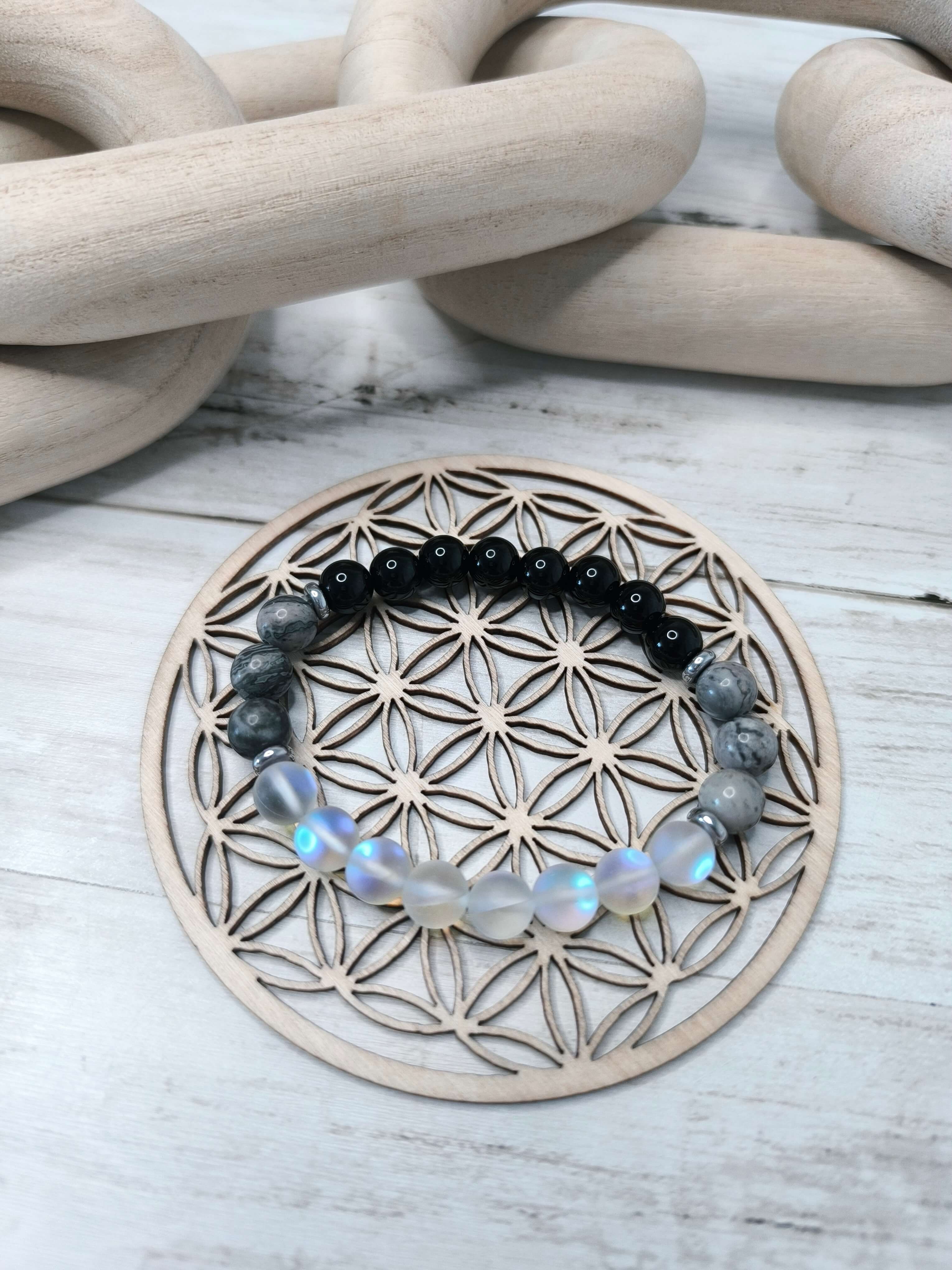 Bracelet Onyx Noir - Howlite Grise - Opalite – Protection - Calme - Clarté
