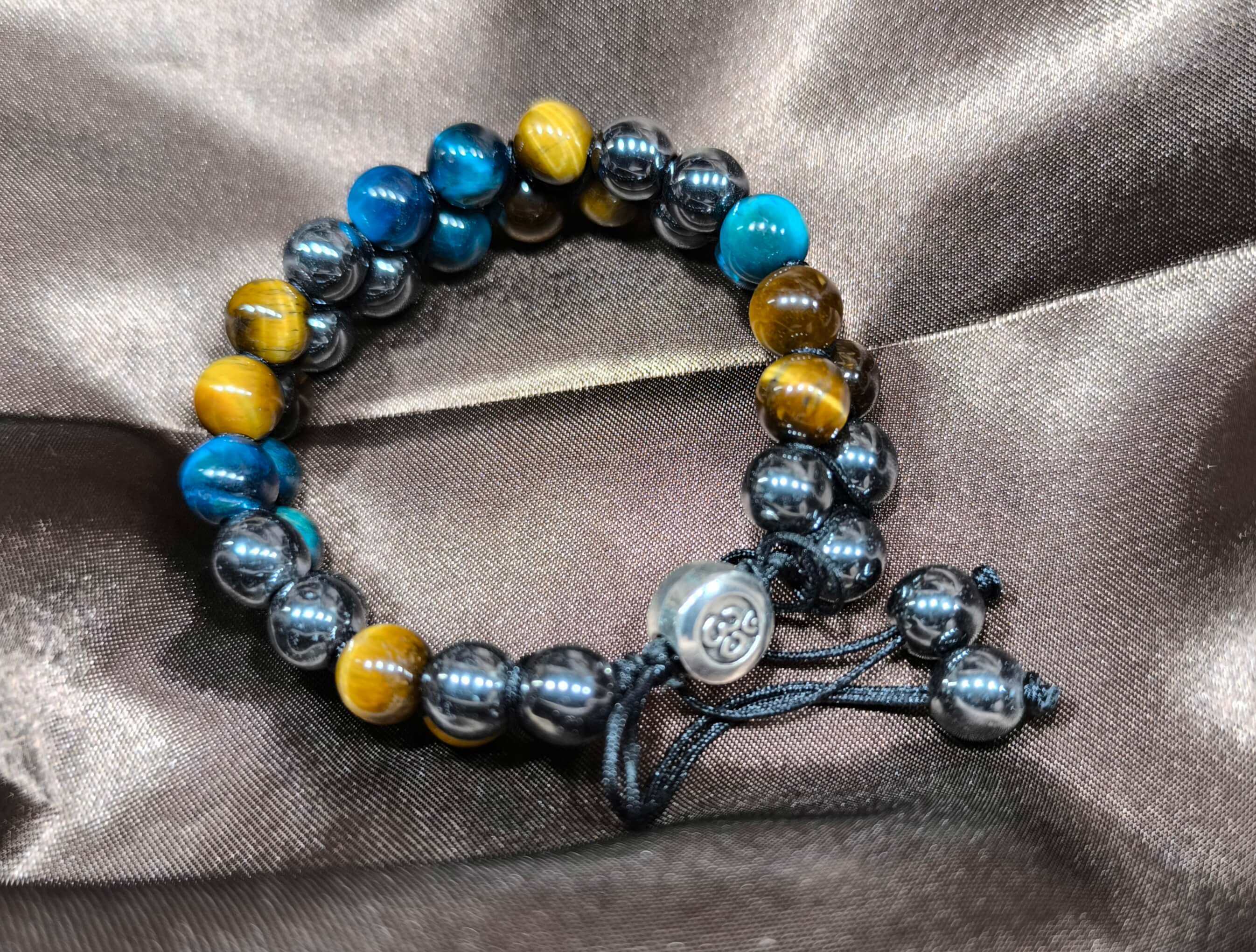 BRACELET HOMME EN PIERRES NATURELLES - OEIL DE TIGRE, HEMATITE & PIERRE BLEUE