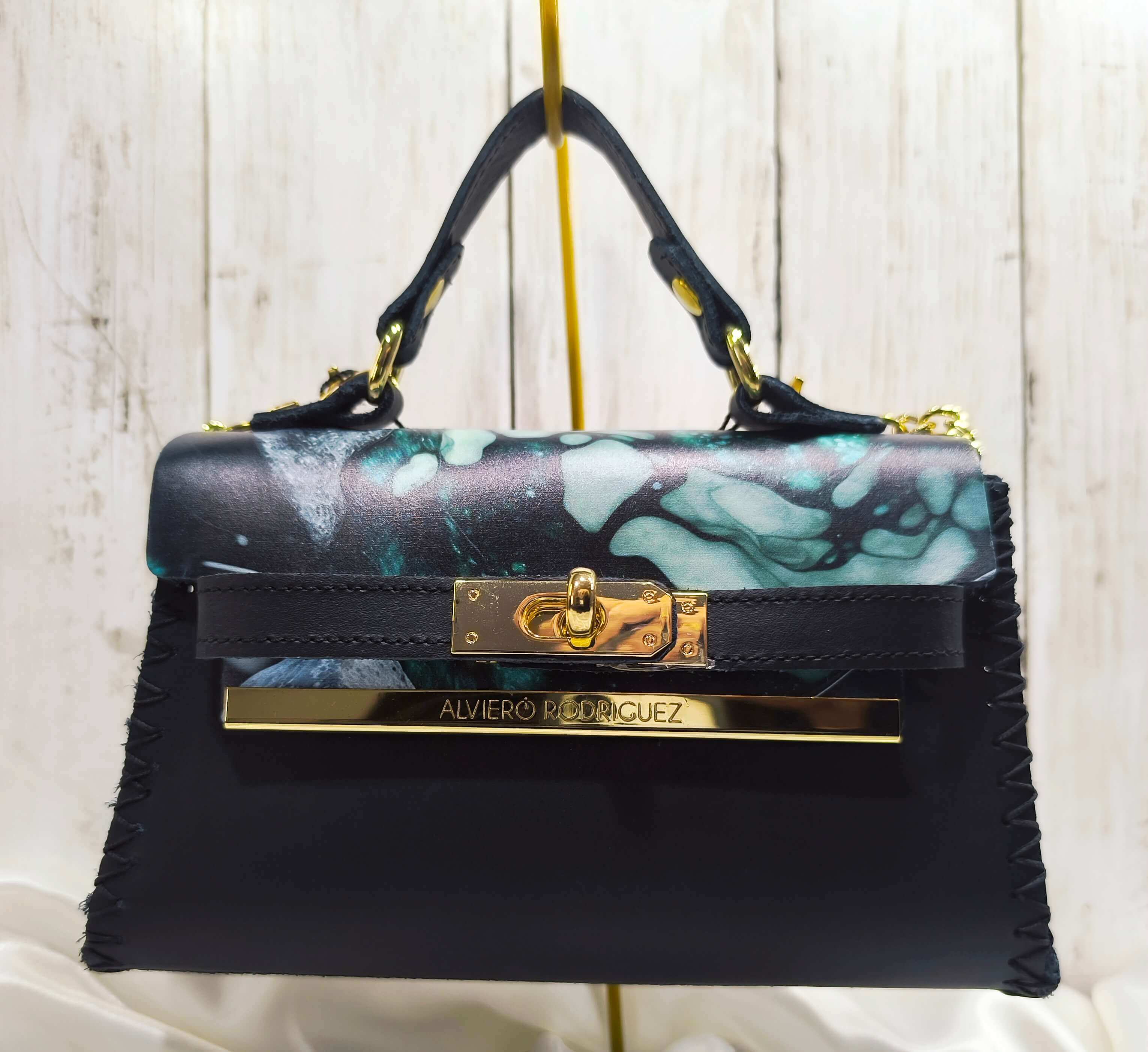 SAC CHANTAL GREEN MARMLE ALVIERO RODRIGUEZ - CUIR COUSU MAIN - MADE IN ITALY