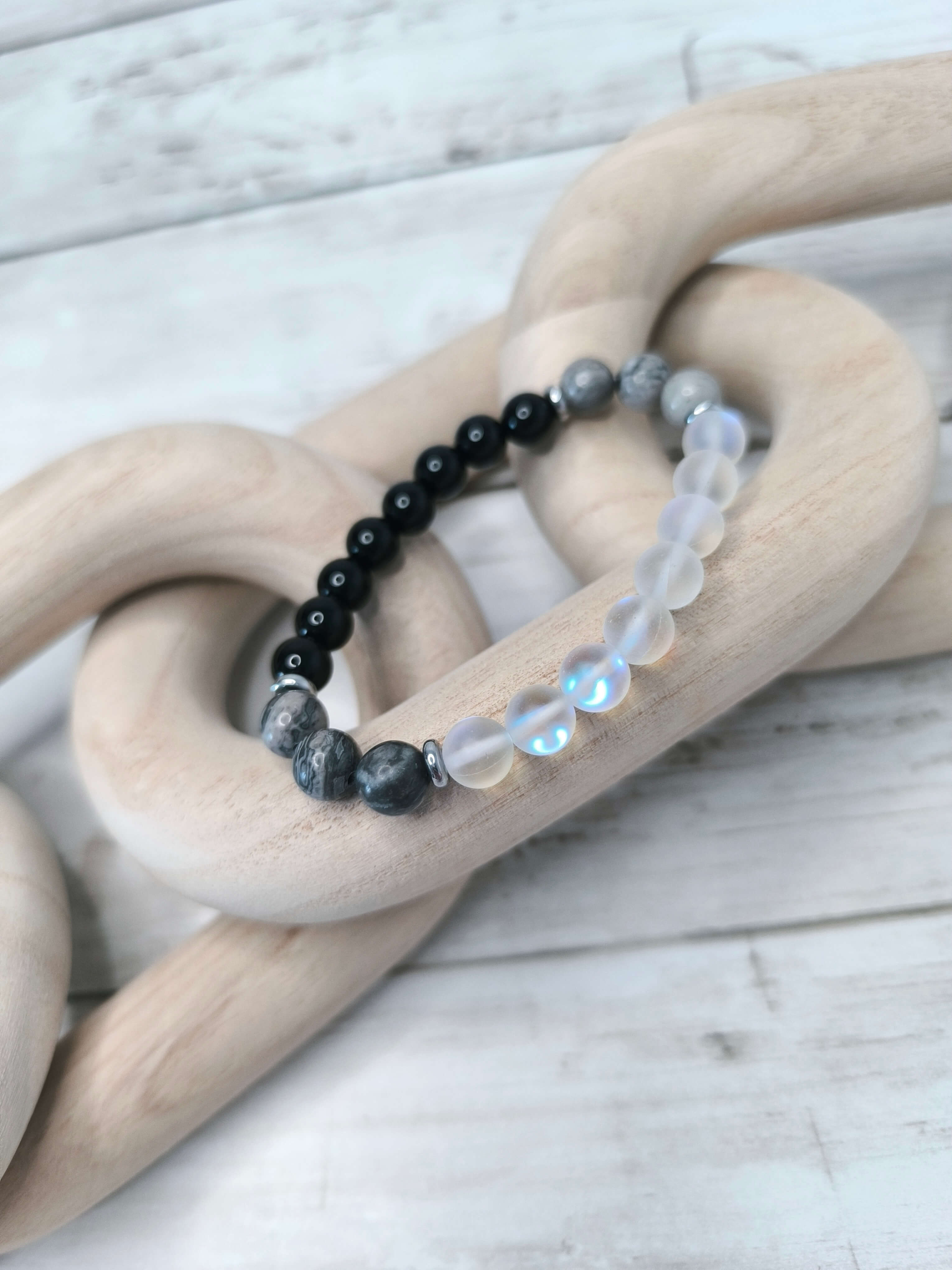 Bracelet Onyx Noir - Howlite Grise - Opalite – Protection - Calme - Clarté