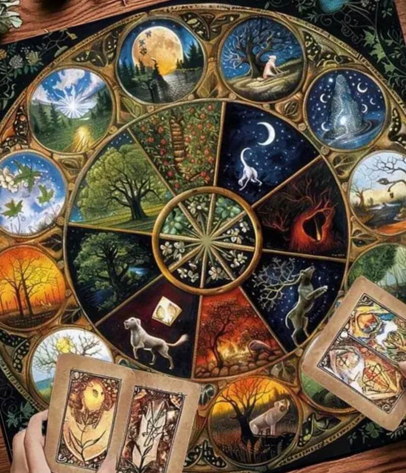 Nappe d’Autel Divinatoire – Roue des Saisons · Roue de l’Année – 75 cm