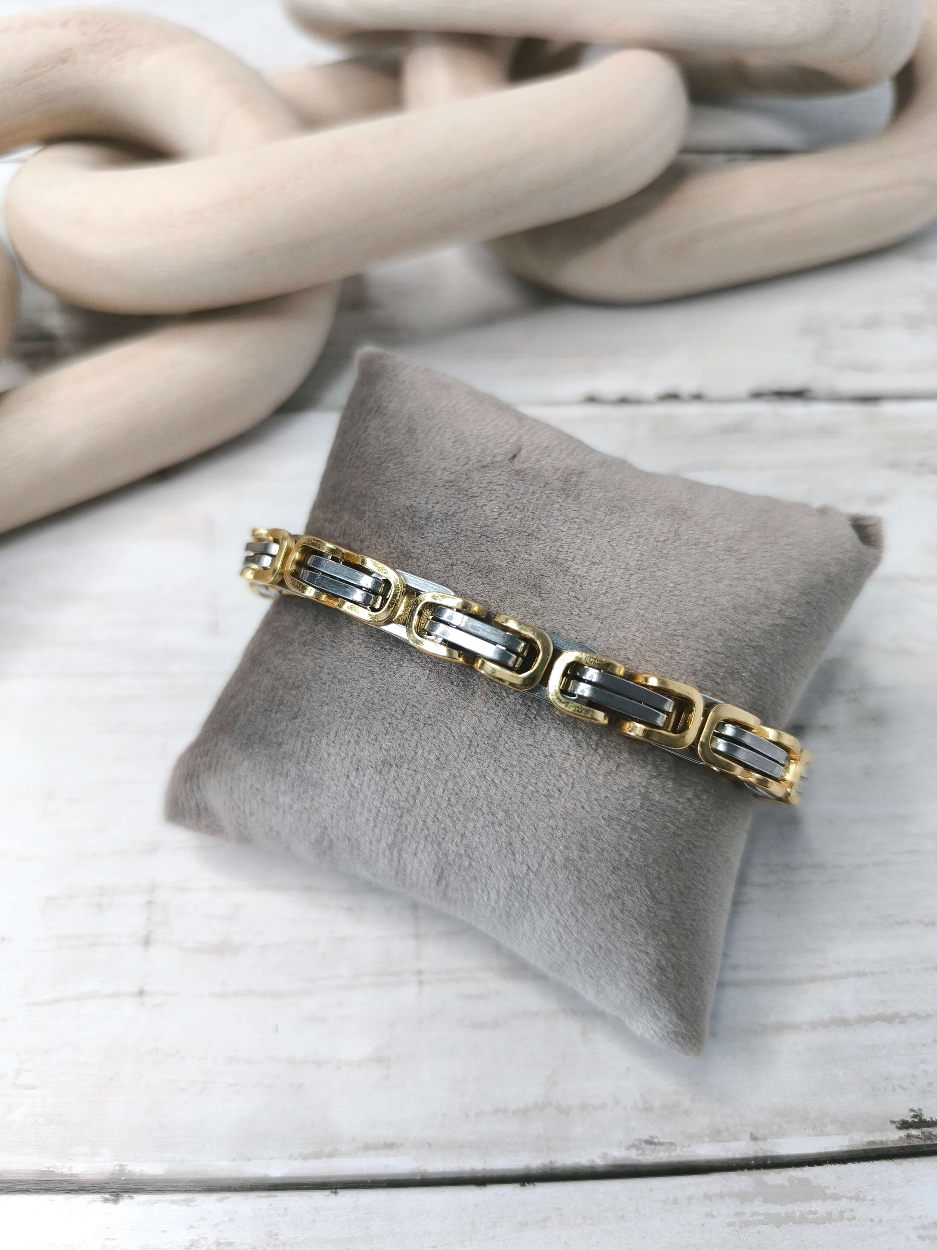 GOURMETTE HOMME - ACIER INOXYDABLE - DORE & GRIS ARGENT - 20.5 CM