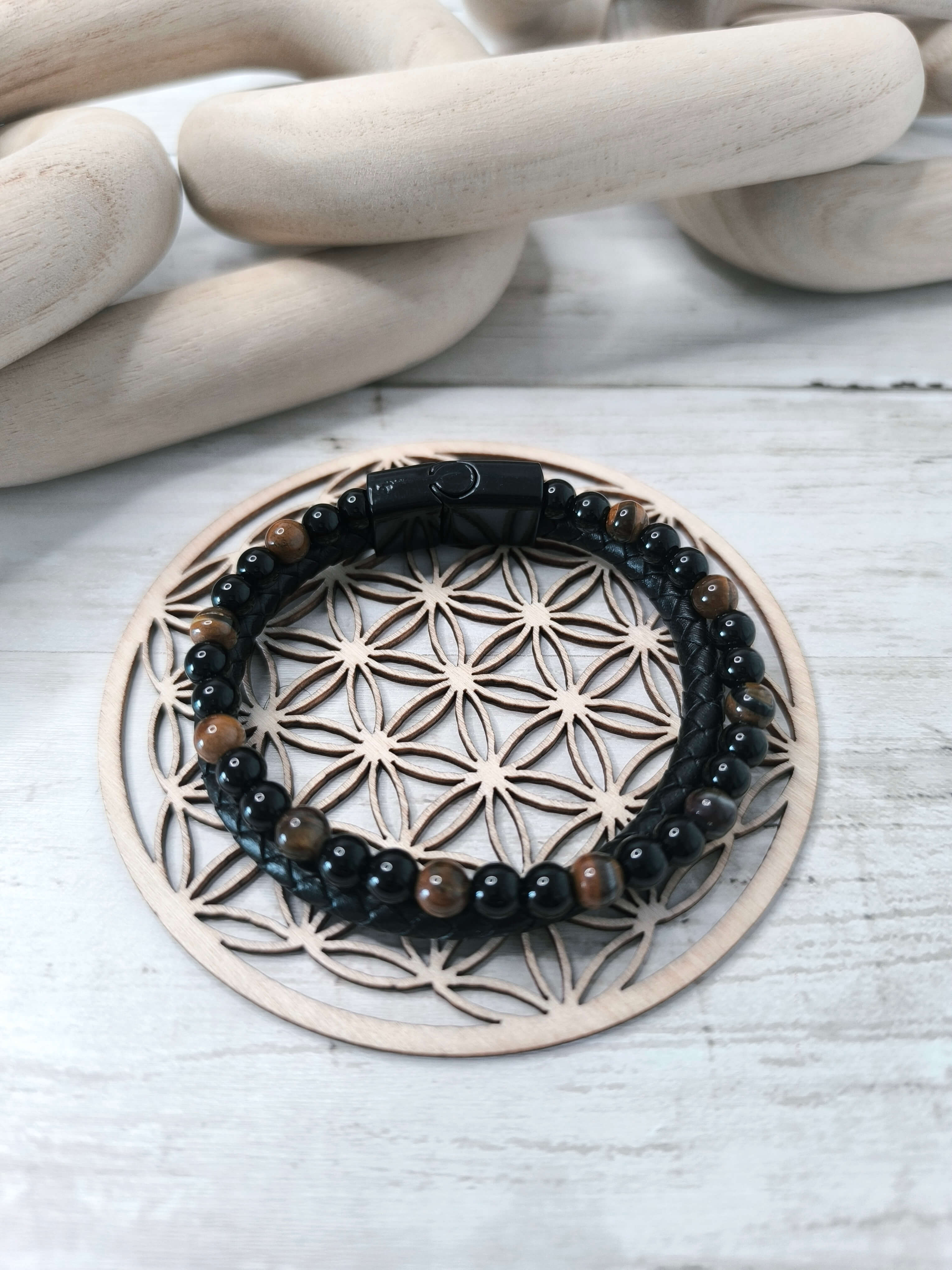 BRACELET HOMME - EN PIERRE NATURELLE - OEIL DE TIGRE - CORDE NOIR TRESSEE - 21 CM