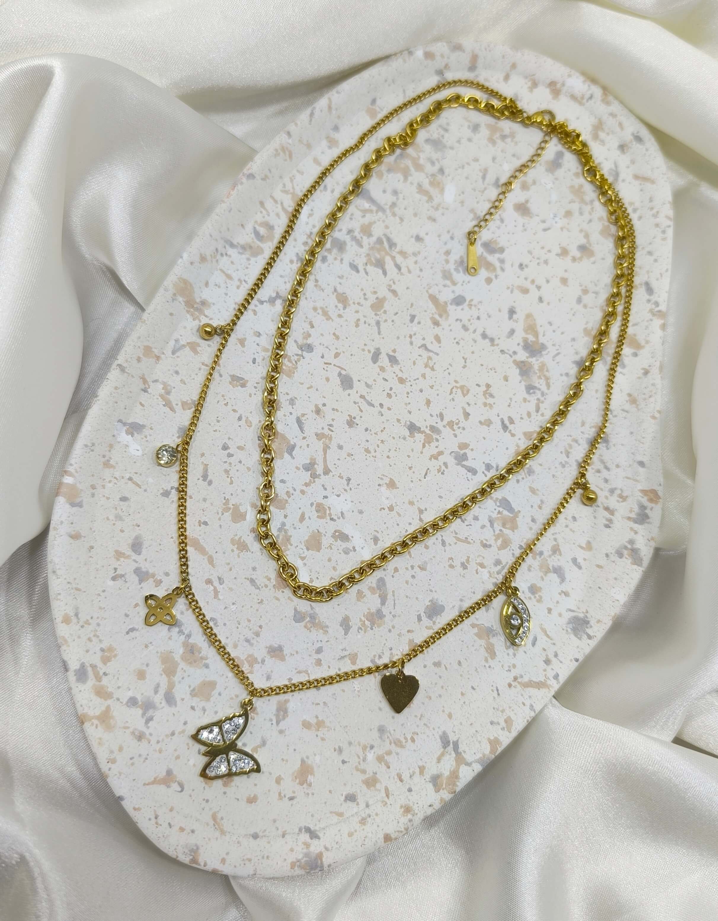 COLLIER FEMME - DEUX NIVEAUX - ACIER INOXYDABLE 304 - PAPILLON & SYMBOLES