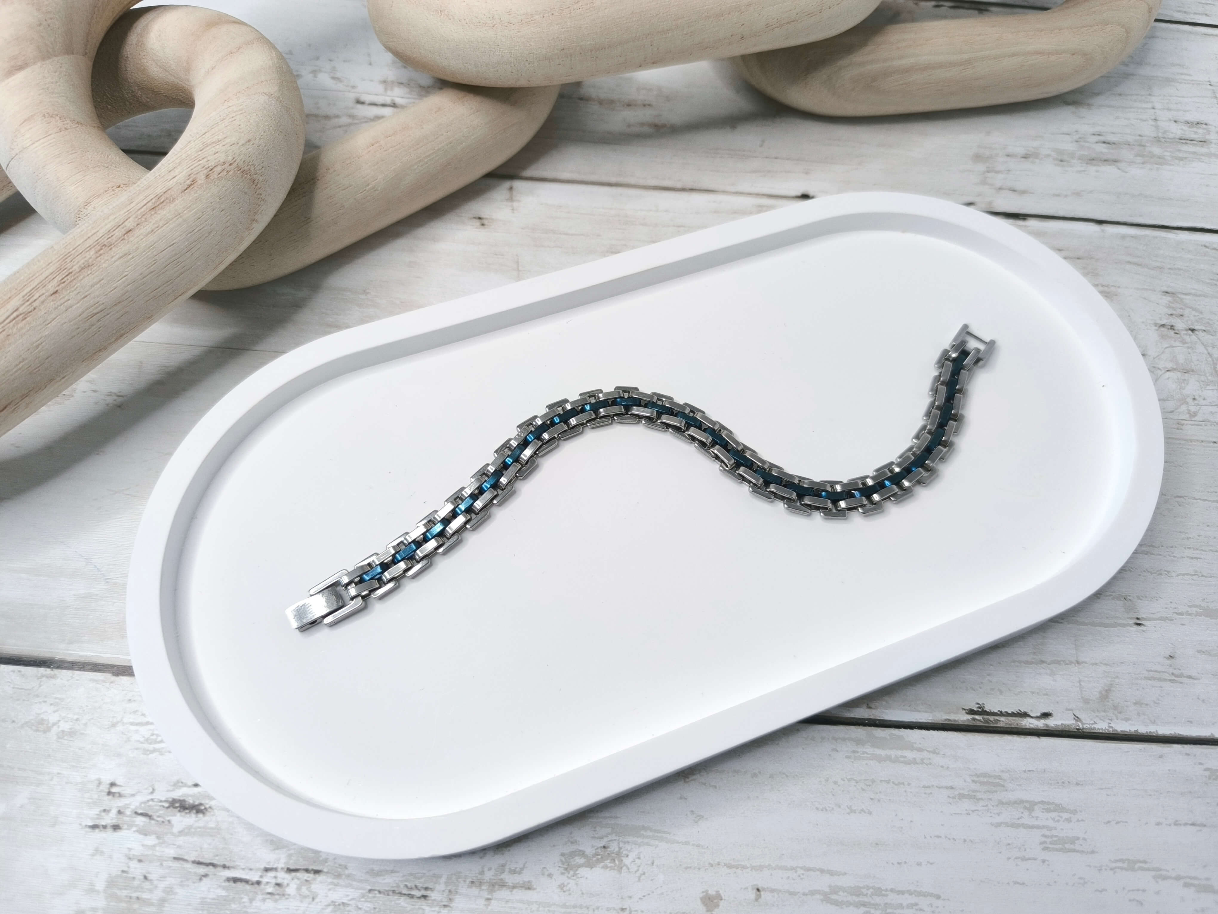 GOURMETTE HOMME - EN ACIER INOXYDABLE - ARGENT & BLEU - 21 CM