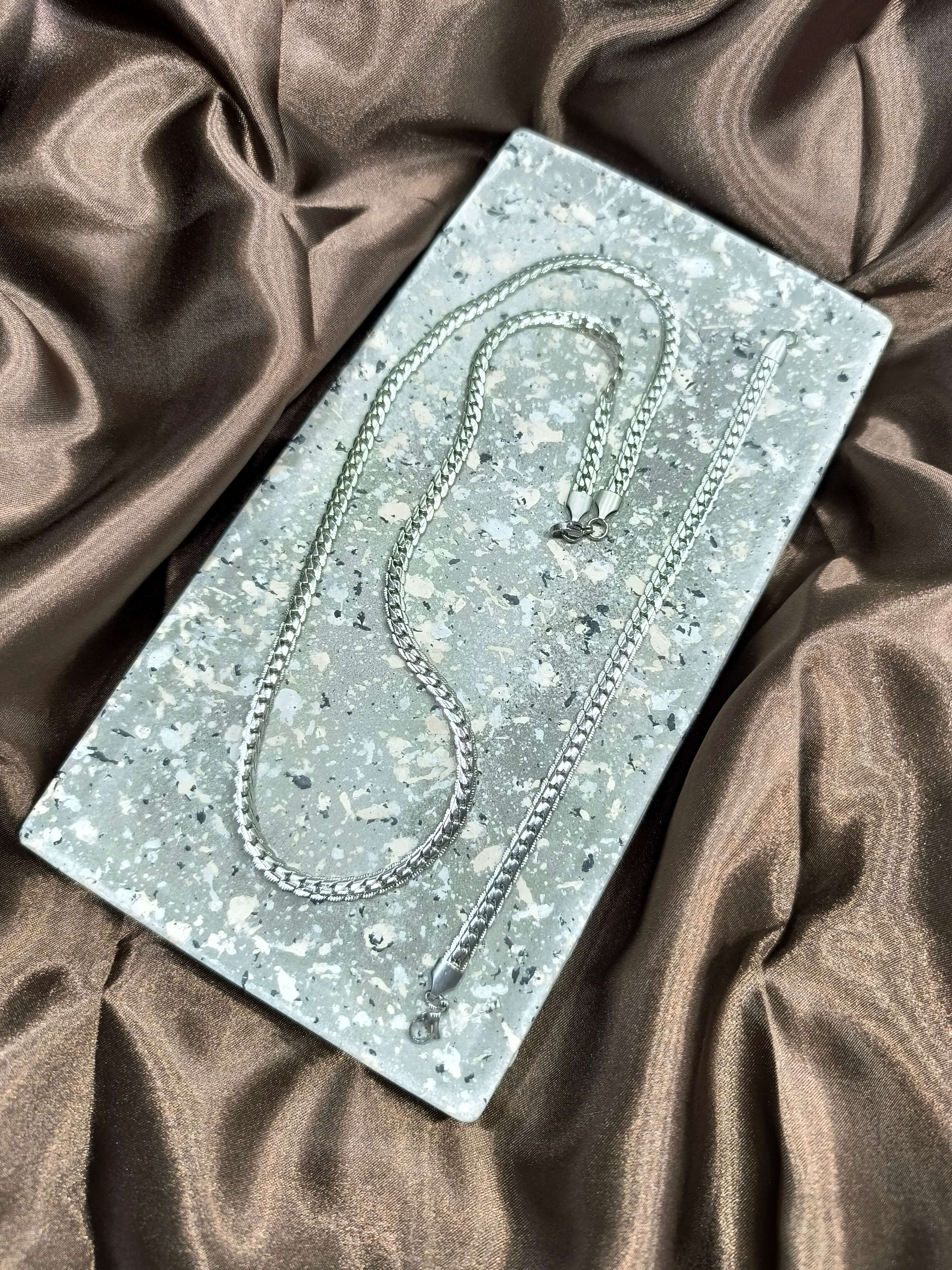 PARURE HOMME - COLLIER 60 CM & BRACELET 21 CM - EN ACIER INOXYDABLE - MAILLES SERREES