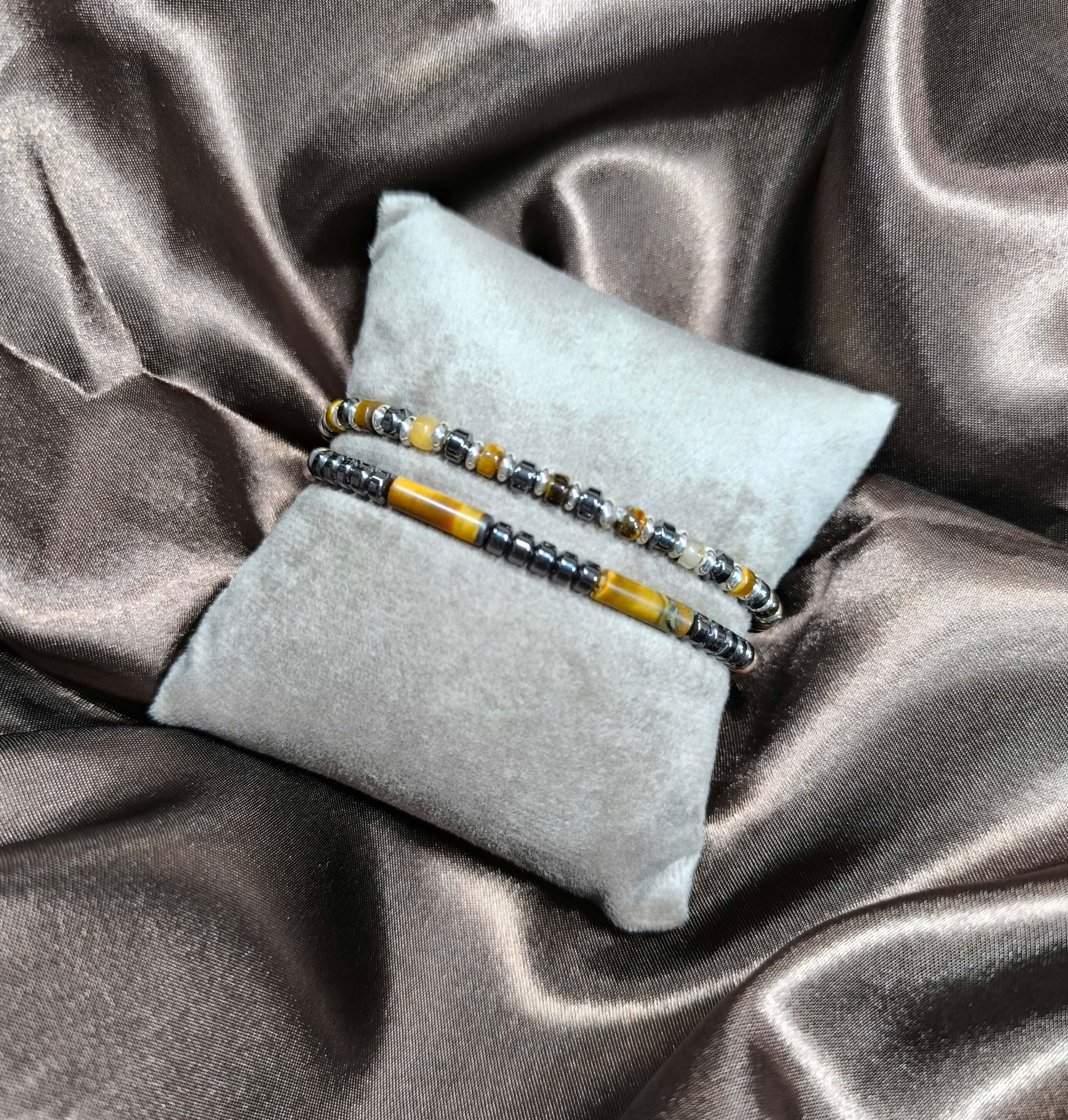 BRACELET HOMME - RETRO - PIERRES NATURELLES - OEIL DE TIGRE & OBSIDIENNE - ENSEMBLE DE 2 BRACELETS