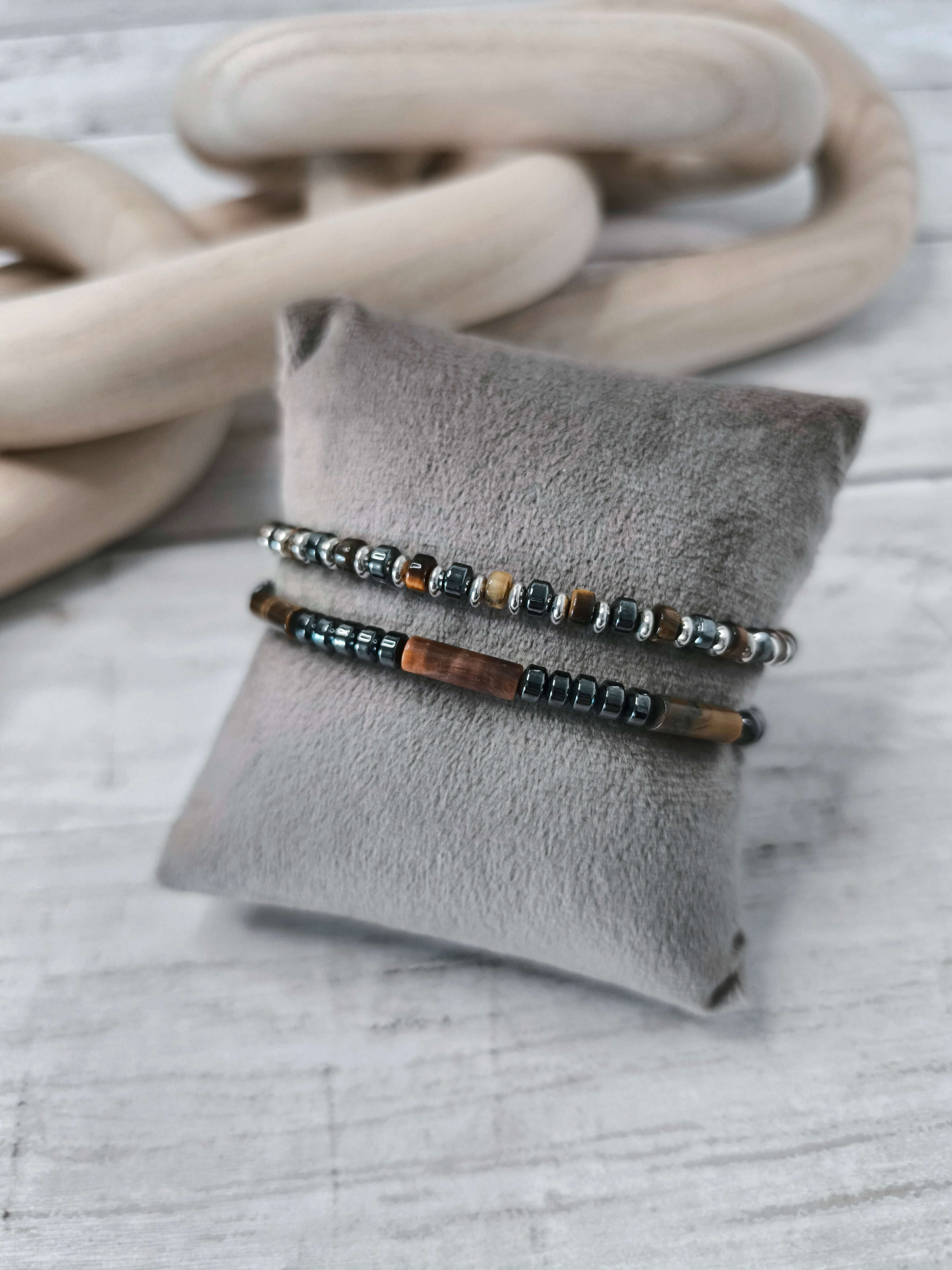 BRACELET HOMME - RETRO - PIERRES NATURELLES - OEIL DE TIGRE & OBSIDIENNE - ENSEMBLE DE 2 BRACELETS