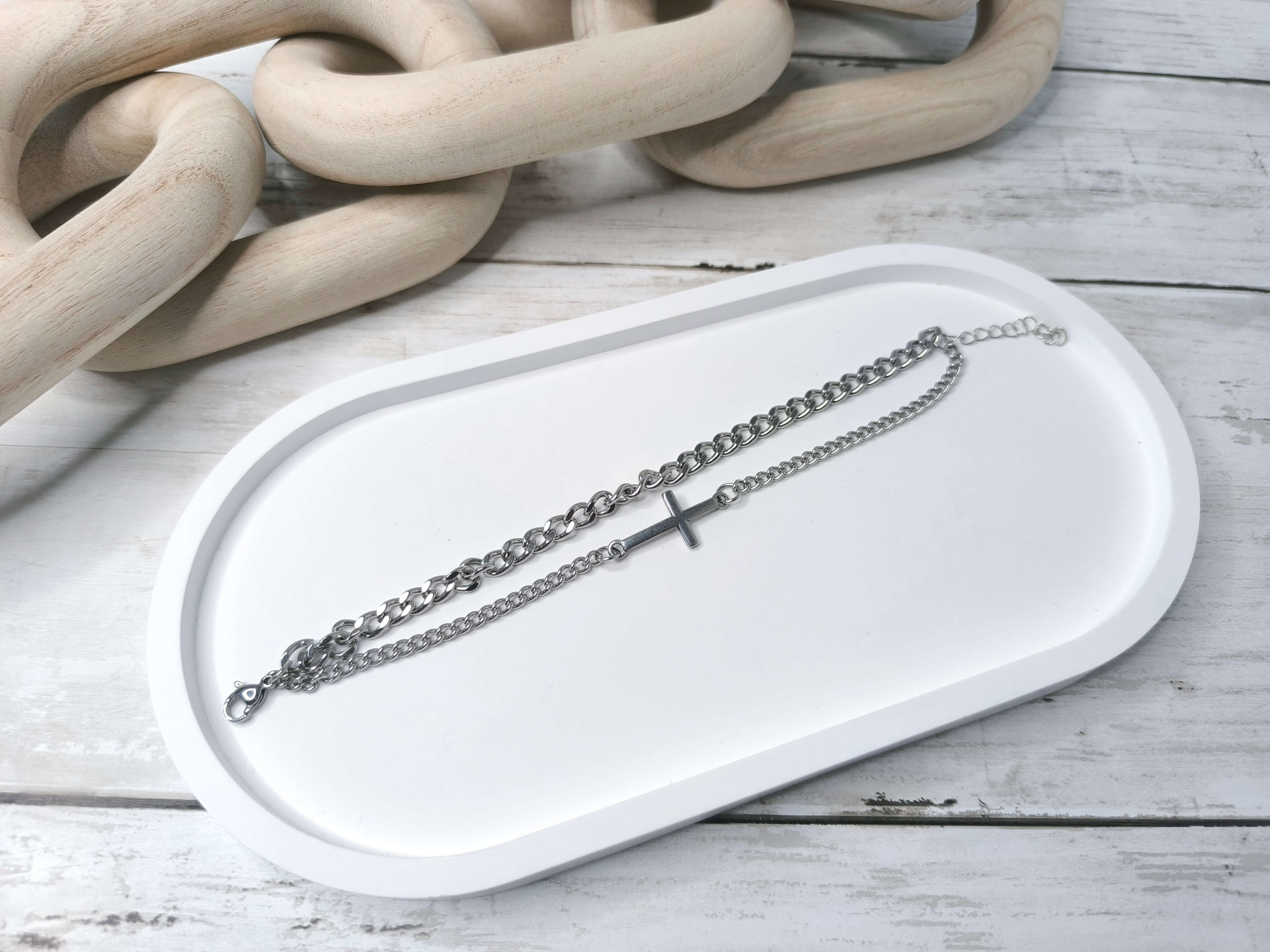 BRACELET HOMME DOUBLE - ARGENTE - CROIX EN ACIER AU TITANE & INOXYDABLE