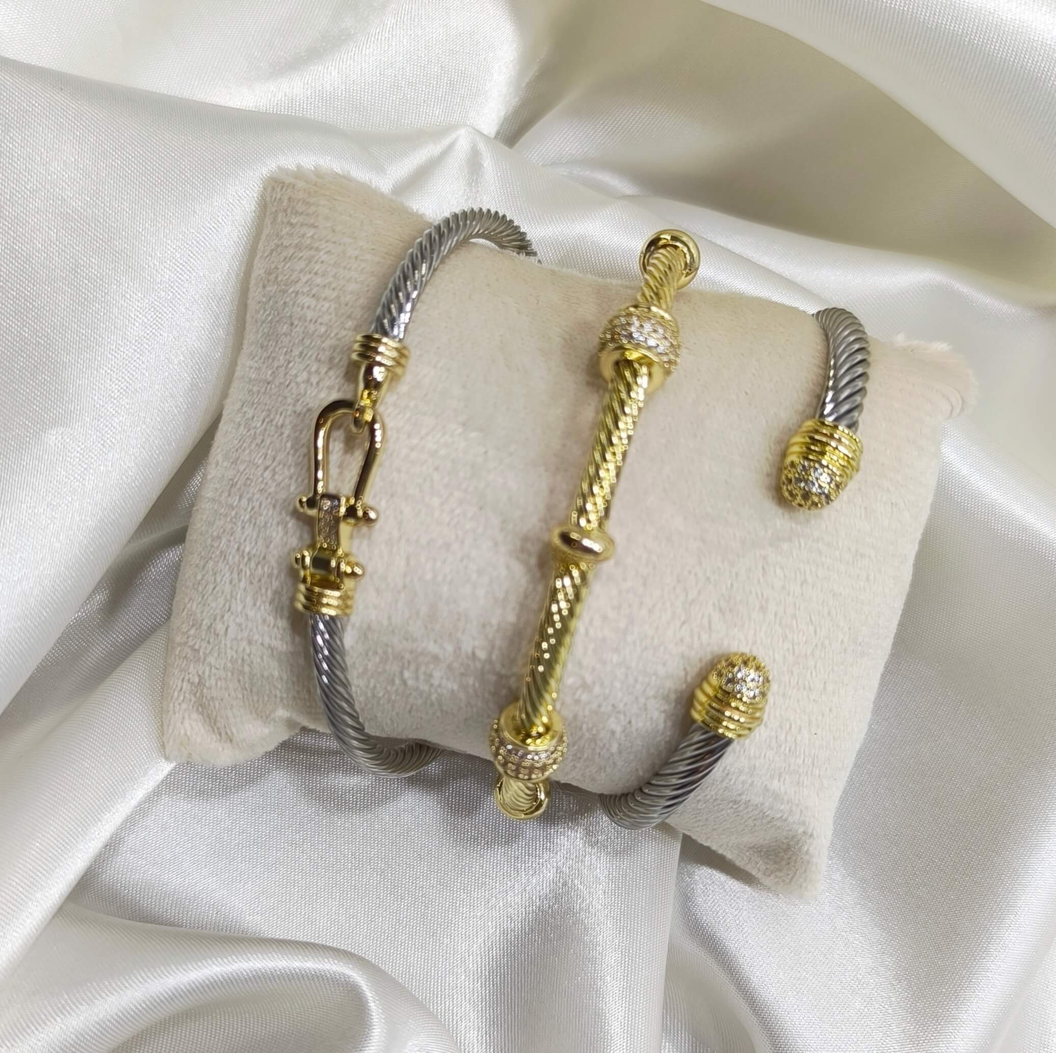 LOT DE 3 BRACELETS FEMME - GEOMETRIQUES - ACIER INOXYDABLE & OR 18K