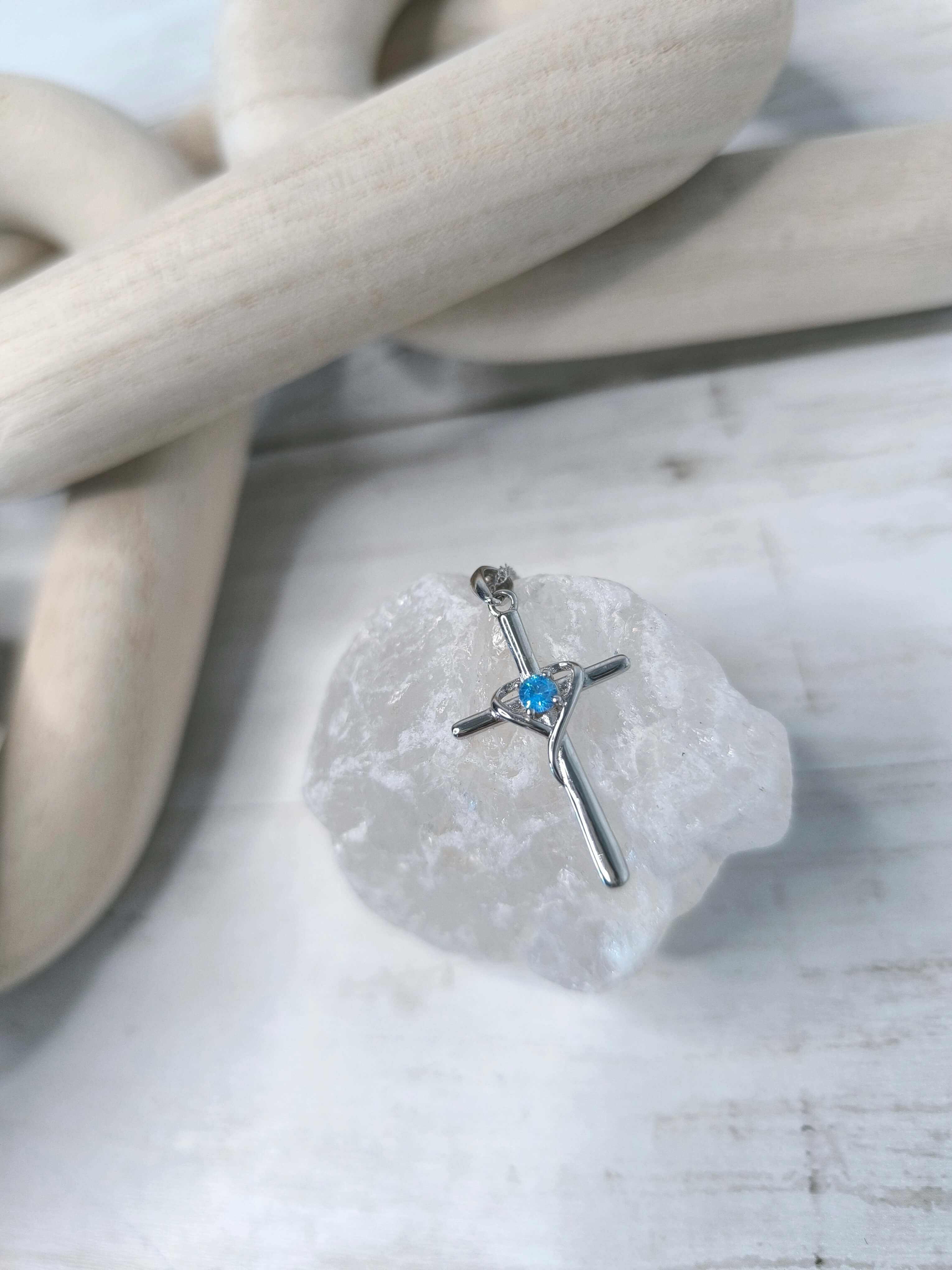 COLLIER FEMME - CHAINE TORSADEE ITALIENNE - PENDANTIF CROIX - PIERRE BLEUE - ARGENT S925