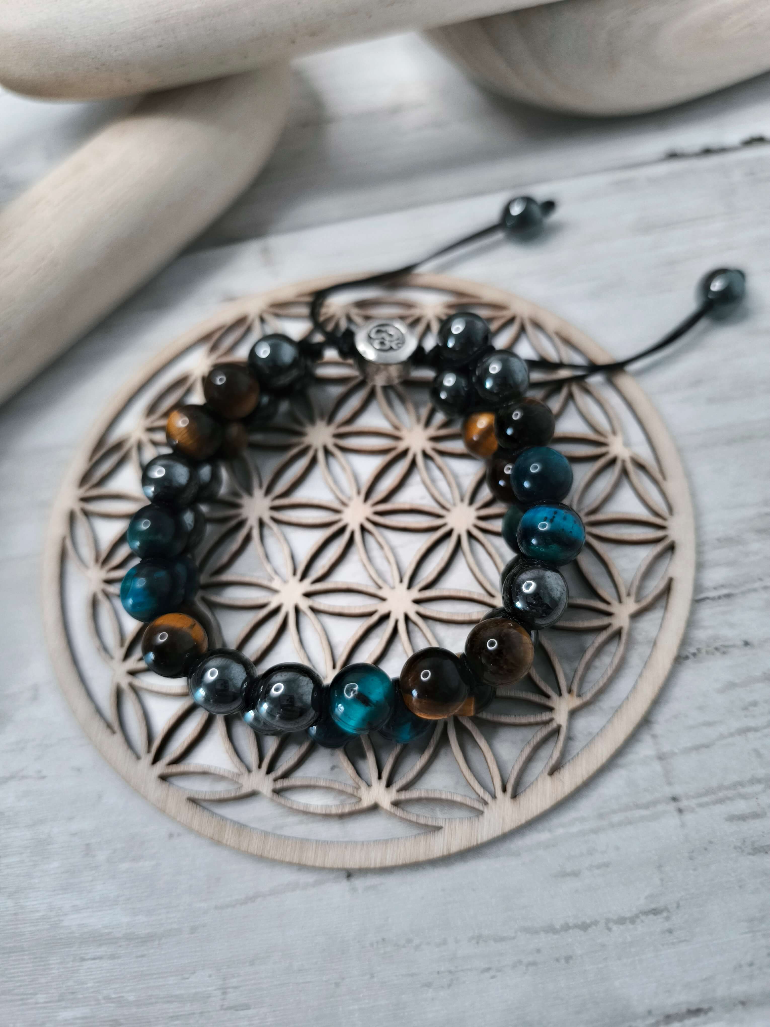 BRACELET HOMME EN PIERRES NATURELLES - OEIL DE TIGRE, HEMATITE & PIERRE BLEUE