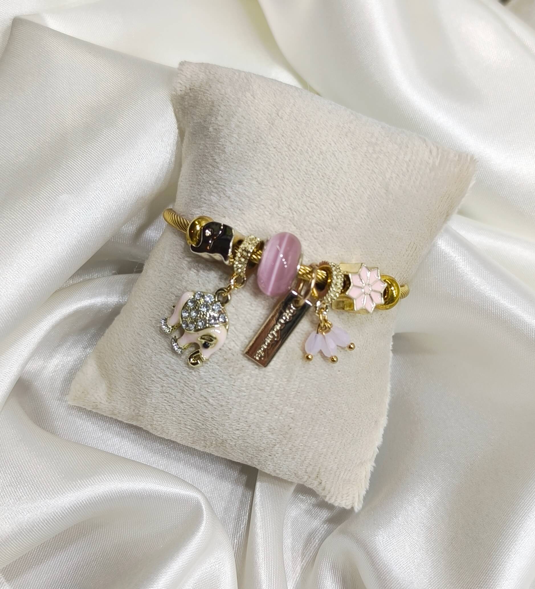 BRACELET FEMME - BRELOQUE - EN ACIER INOXYDABLE - PENDENTIF ELEPHANT & CHARMS DECORATIFS