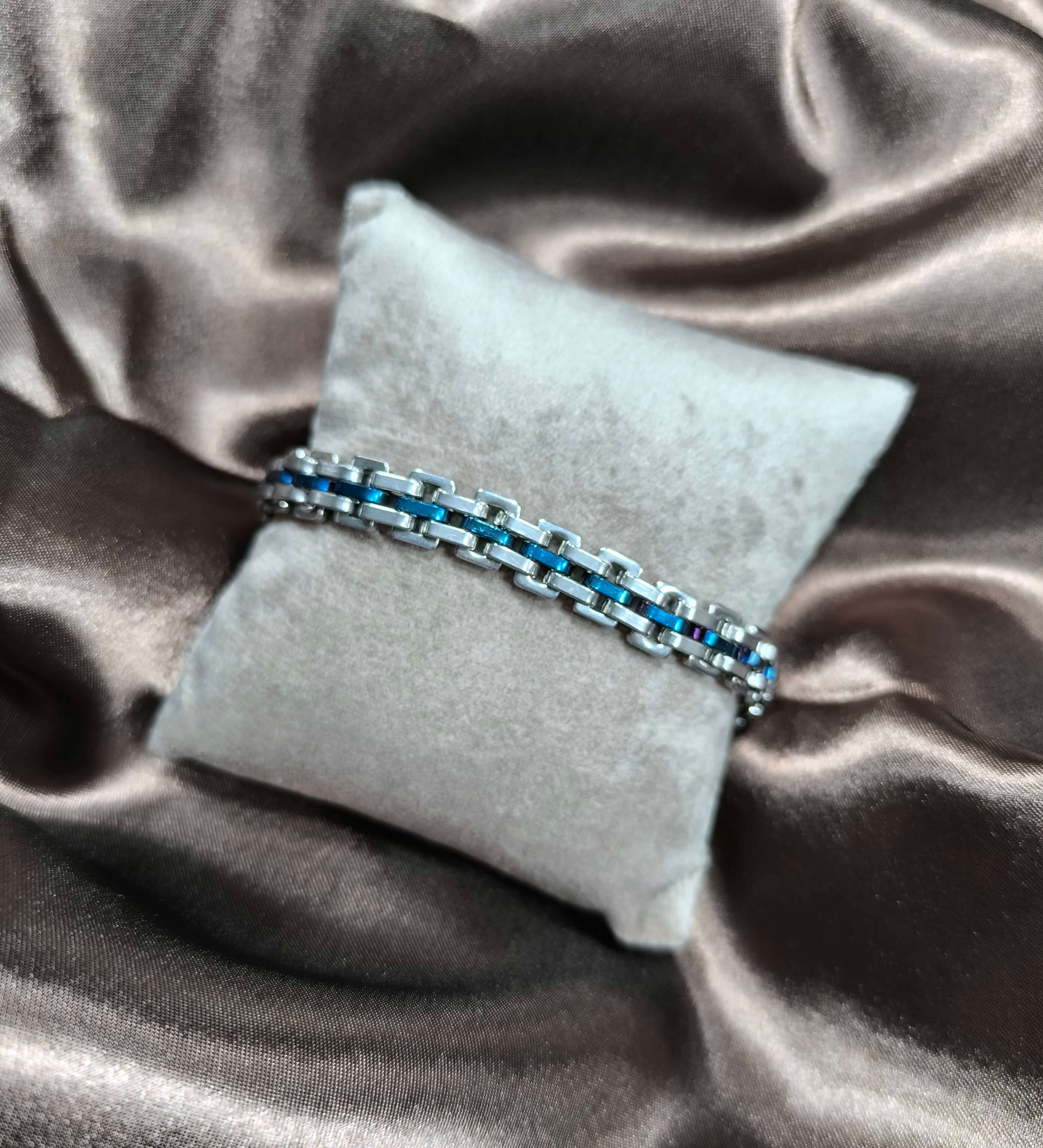 GOURMETTE HOMME - EN ACIER INOXYDABLE - ARGENT & BLEU - 21 CM
