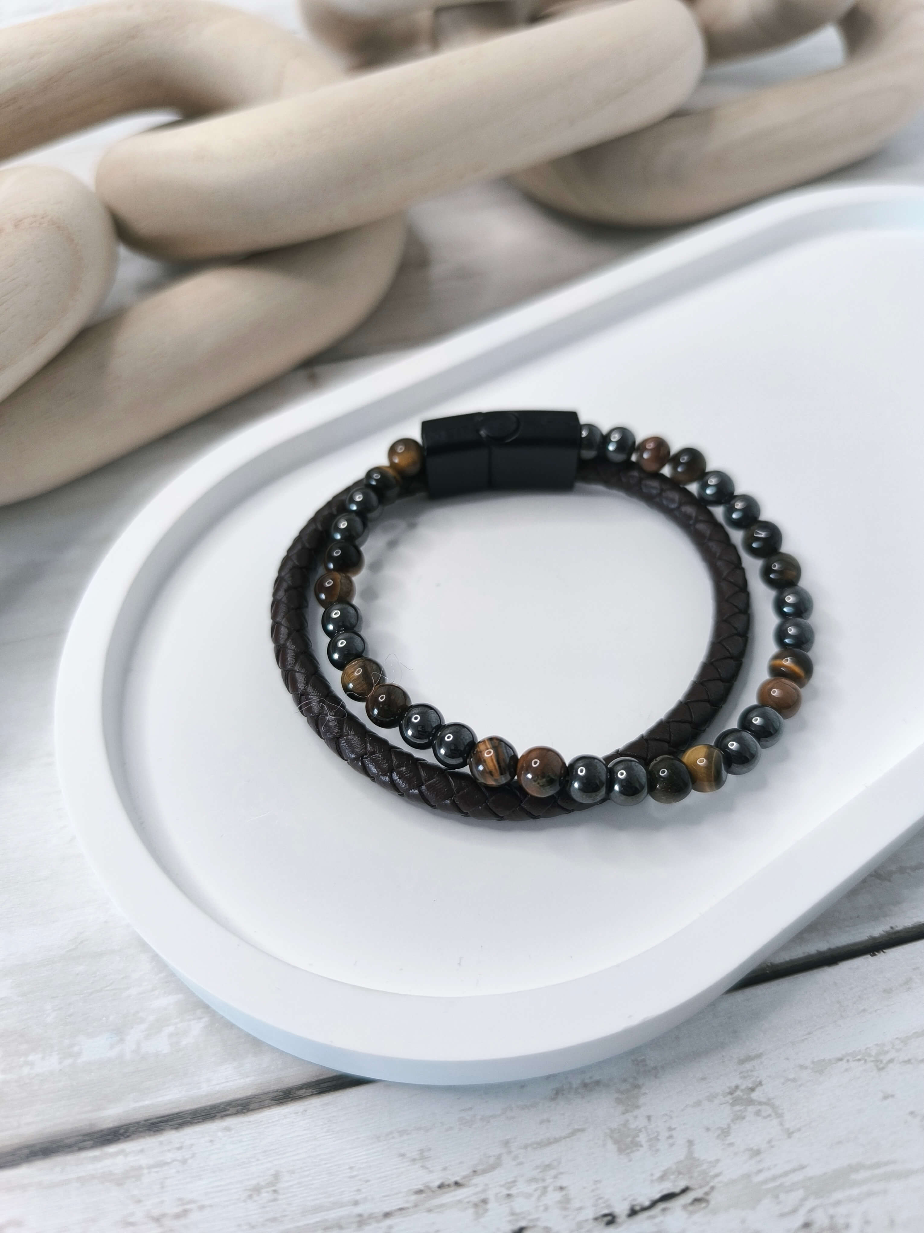 BRACELET HOMME - EN PIERRE NATURELLE - OEIL DE TIGRE - CORDE CAFE TRESSEE - 21 CM