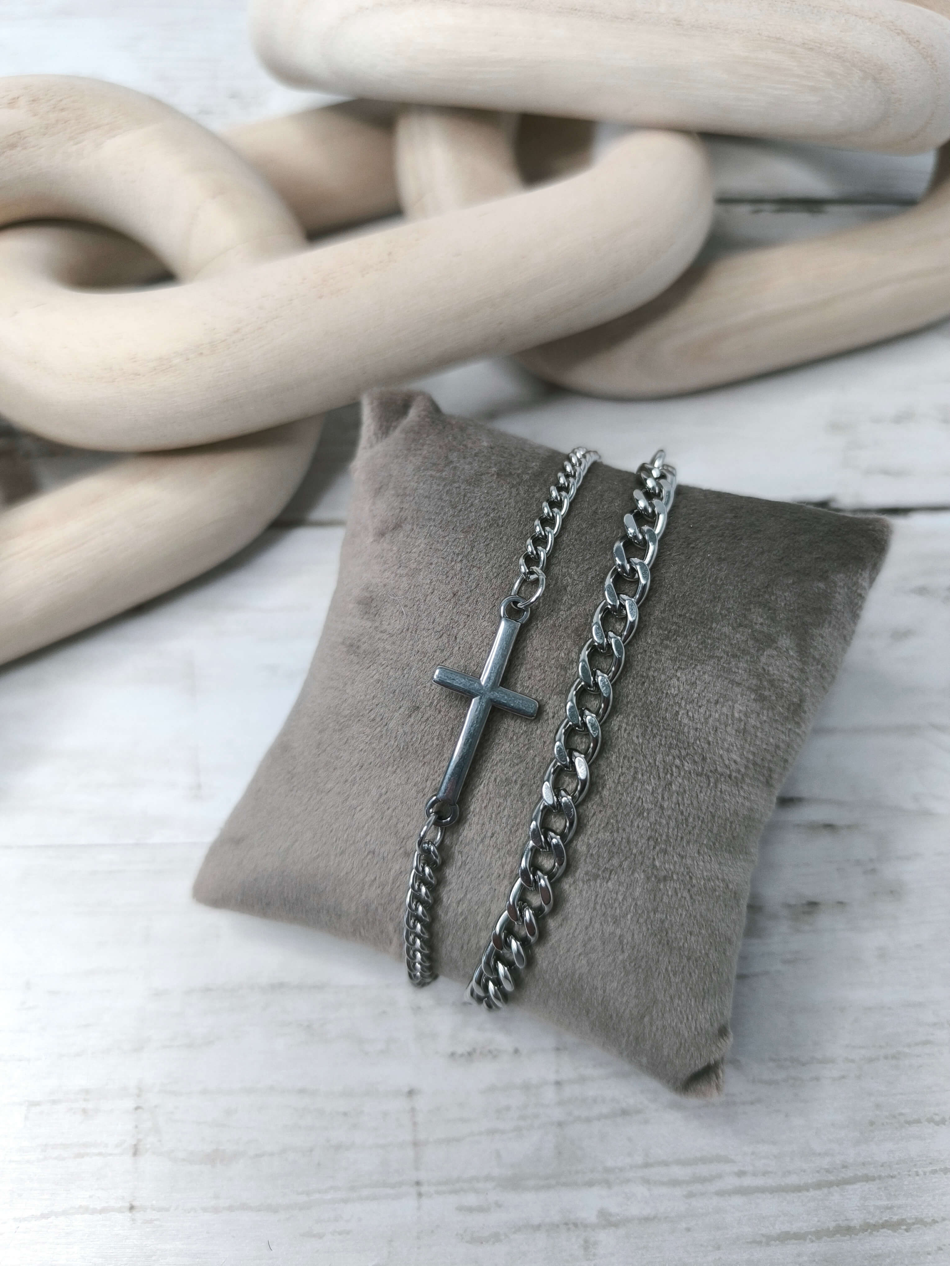 BRACELET HOMME DOUBLE - ARGENTE - CROIX EN ACIER AU TITANE & INOXYDABLE