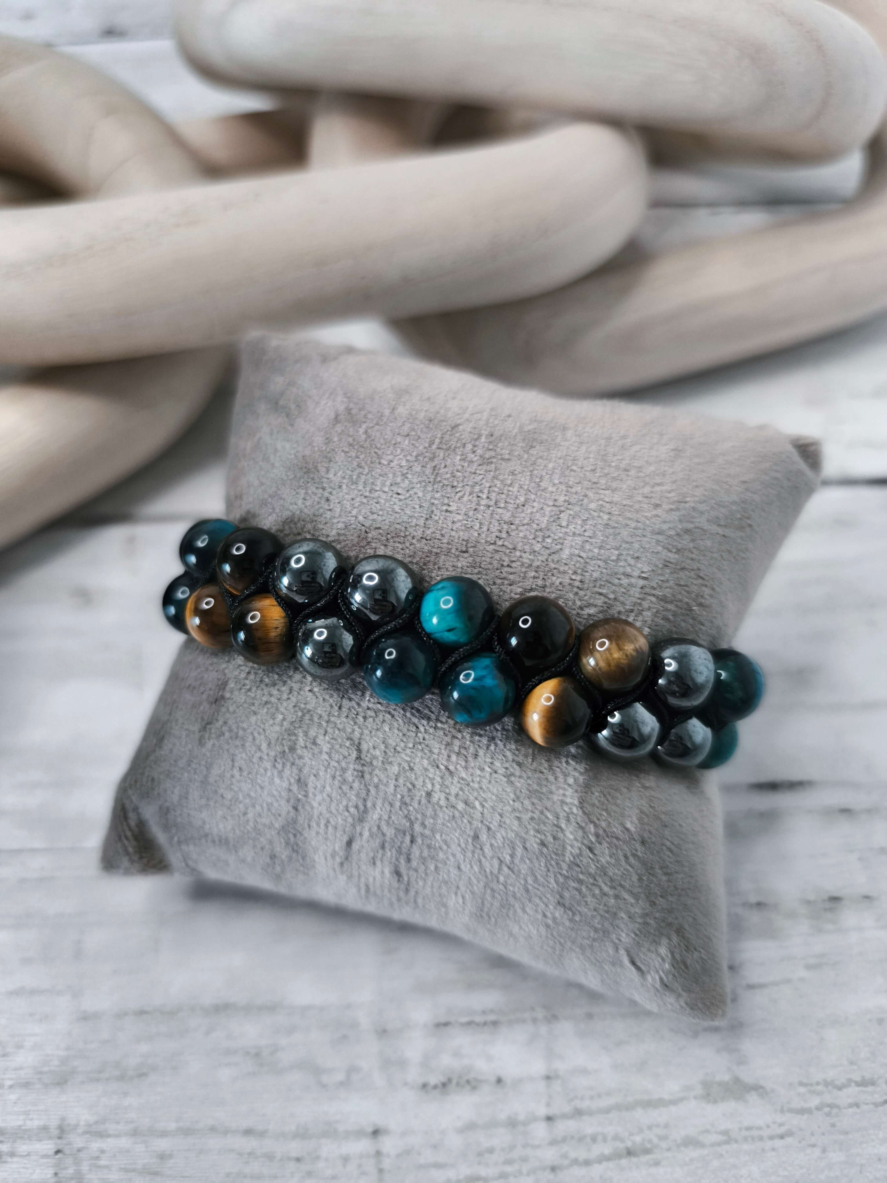 BRACELET HOMME EN PIERRES NATURELLES - OEIL DE TIGRE, HEMATITE & PIERRE BLEUE