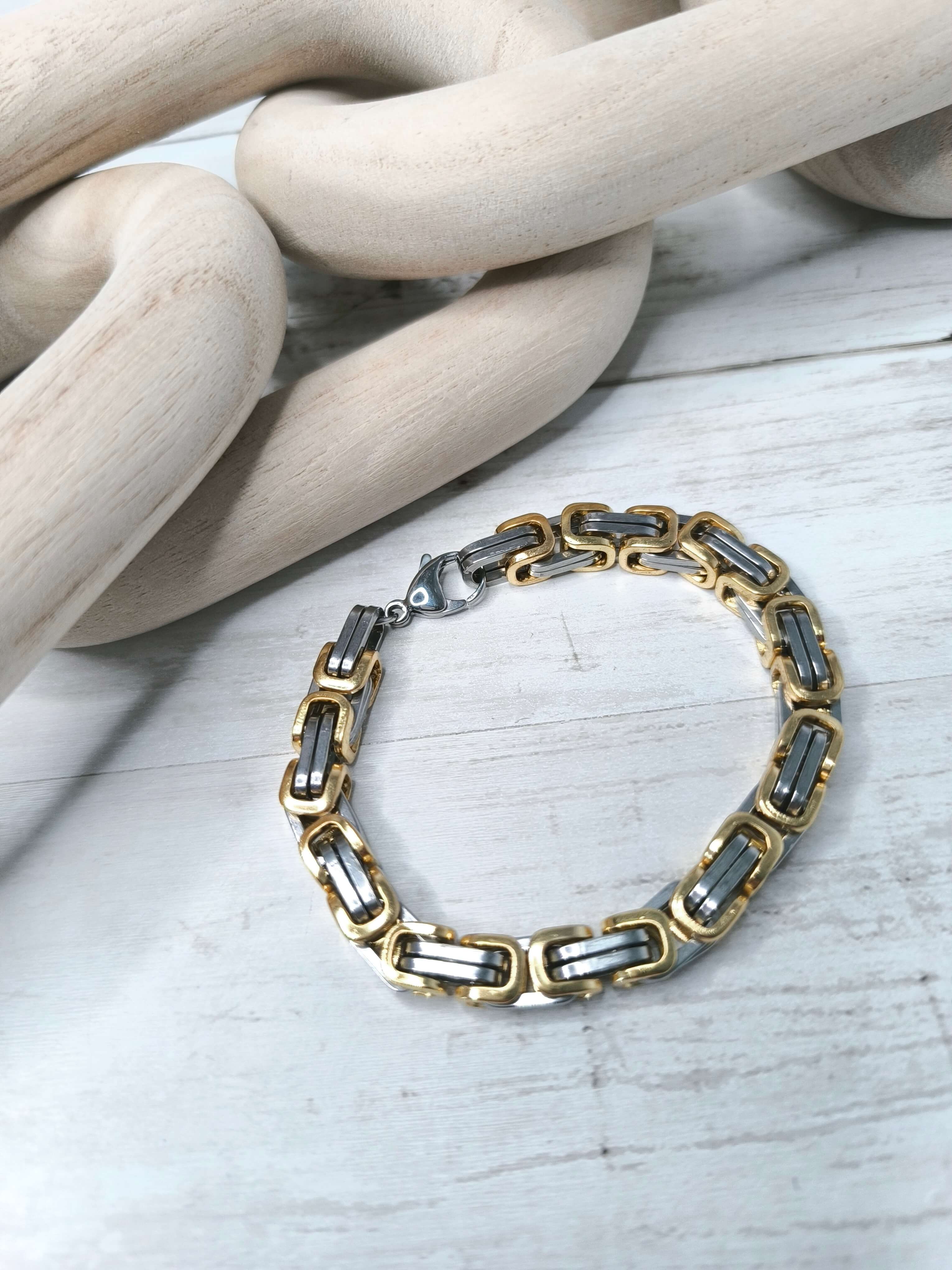 GOURMETTE HOMME - ACIER INOXYDABLE - DORE & GRIS ARGENT - 20.5 CM