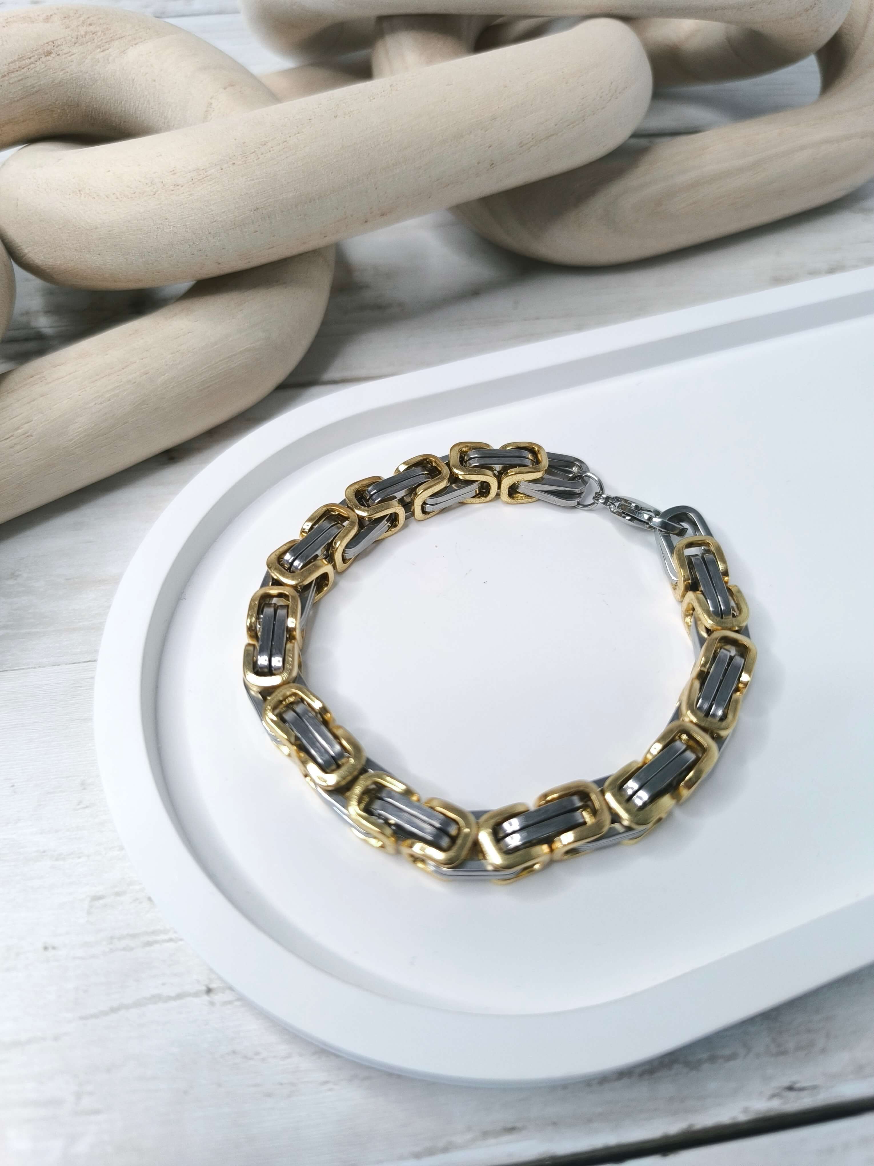 GOURMETTE HOMME - ACIER INOXYDABLE - DORE & GRIS ARGENT - 20.5 CM