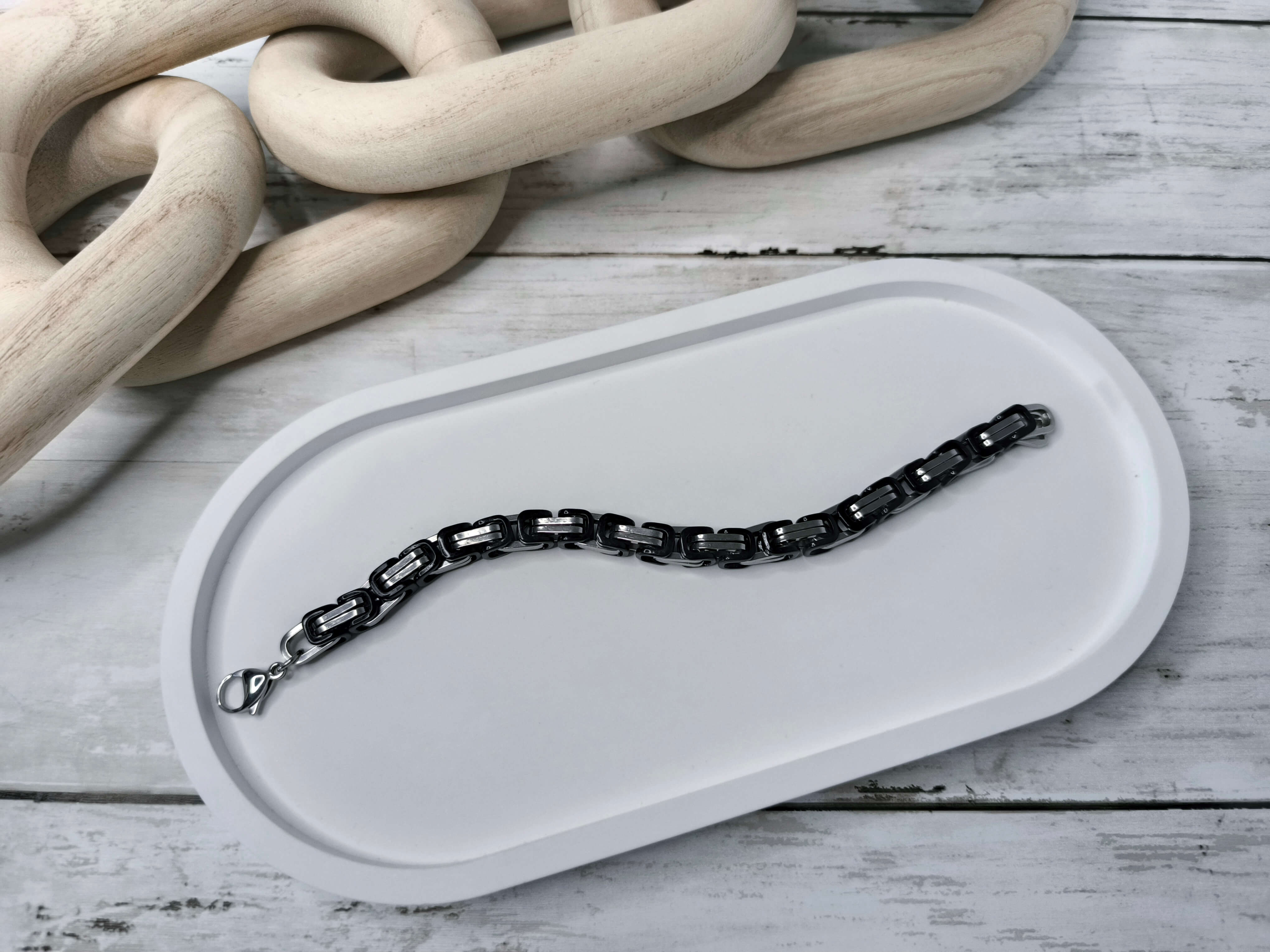 GOURMETTE HOMME - EN ACIER INOXYDABLE - NOIR & GRIS ARGENT - 20.5 CM