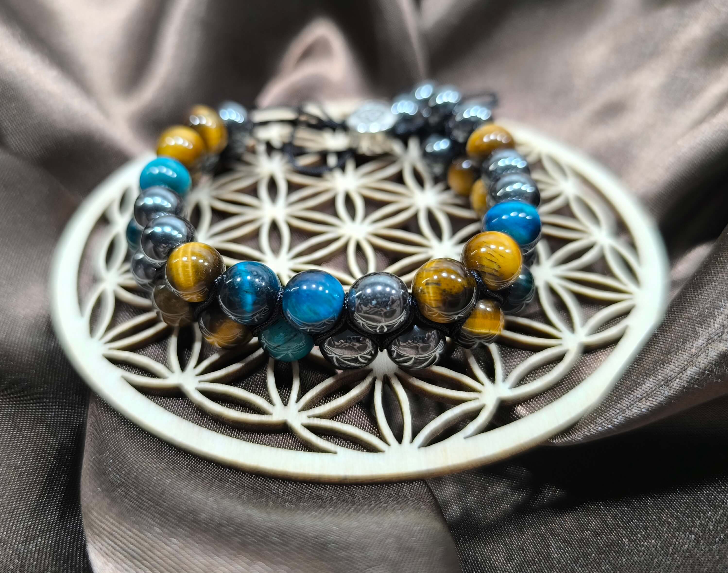BRACELET HOMME EN PIERRES NATURELLES - OEIL DE TIGRE, HEMATITE & PIERRE BLEUE