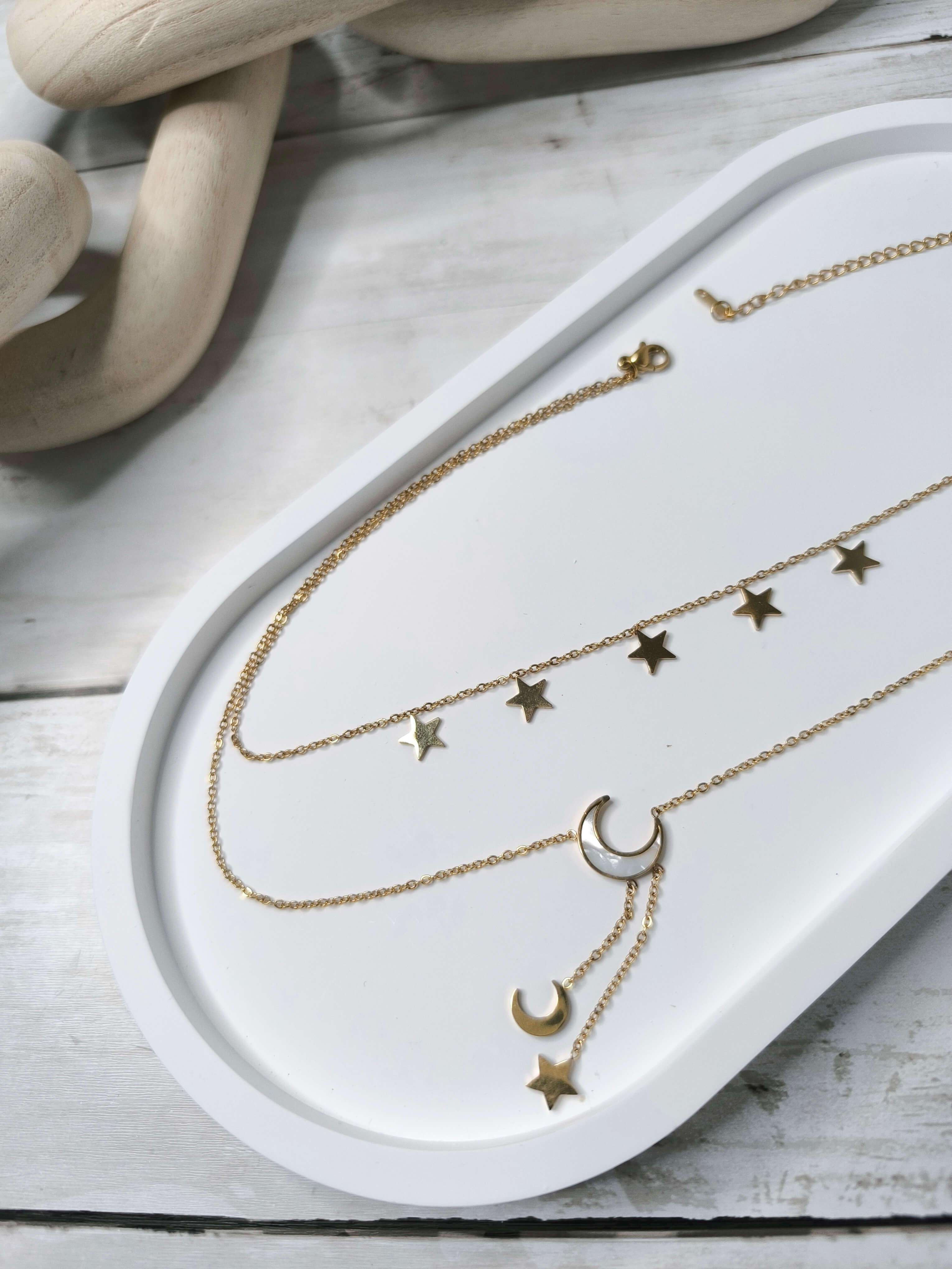 COLLIER FEMME - DEUX NIVEAUX - ACIER INOXYDABLE 304 -  PENDENTIF ETOILES & DEMI LUNE ELEGANTS